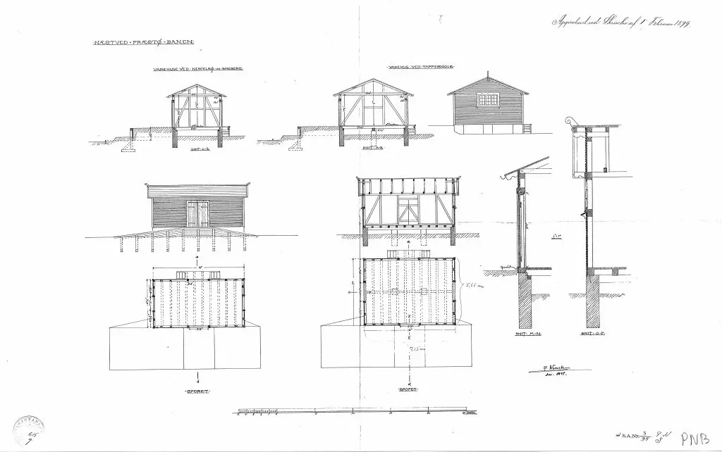 Tegning af det planlagte Næstelsø pakhus, som ikke blev til noget, da man kun anlagde Næstelsø Trinbræt med Sidespor. Sign.: H. Wenck.