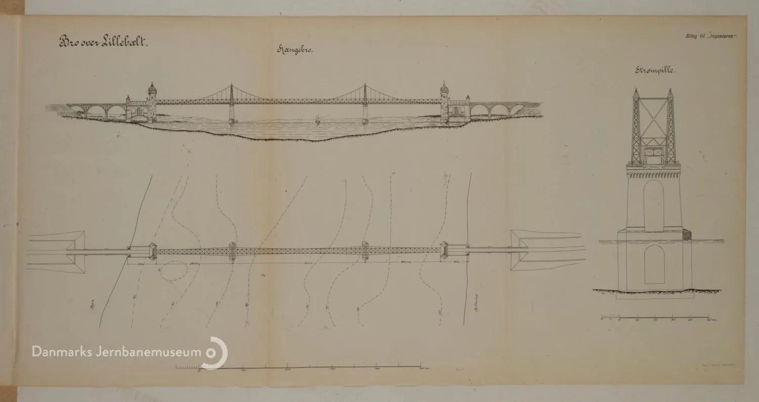 Tegning af Statsbanernes 1899-projekt til Lillebæltsbroen Jernbanebro.