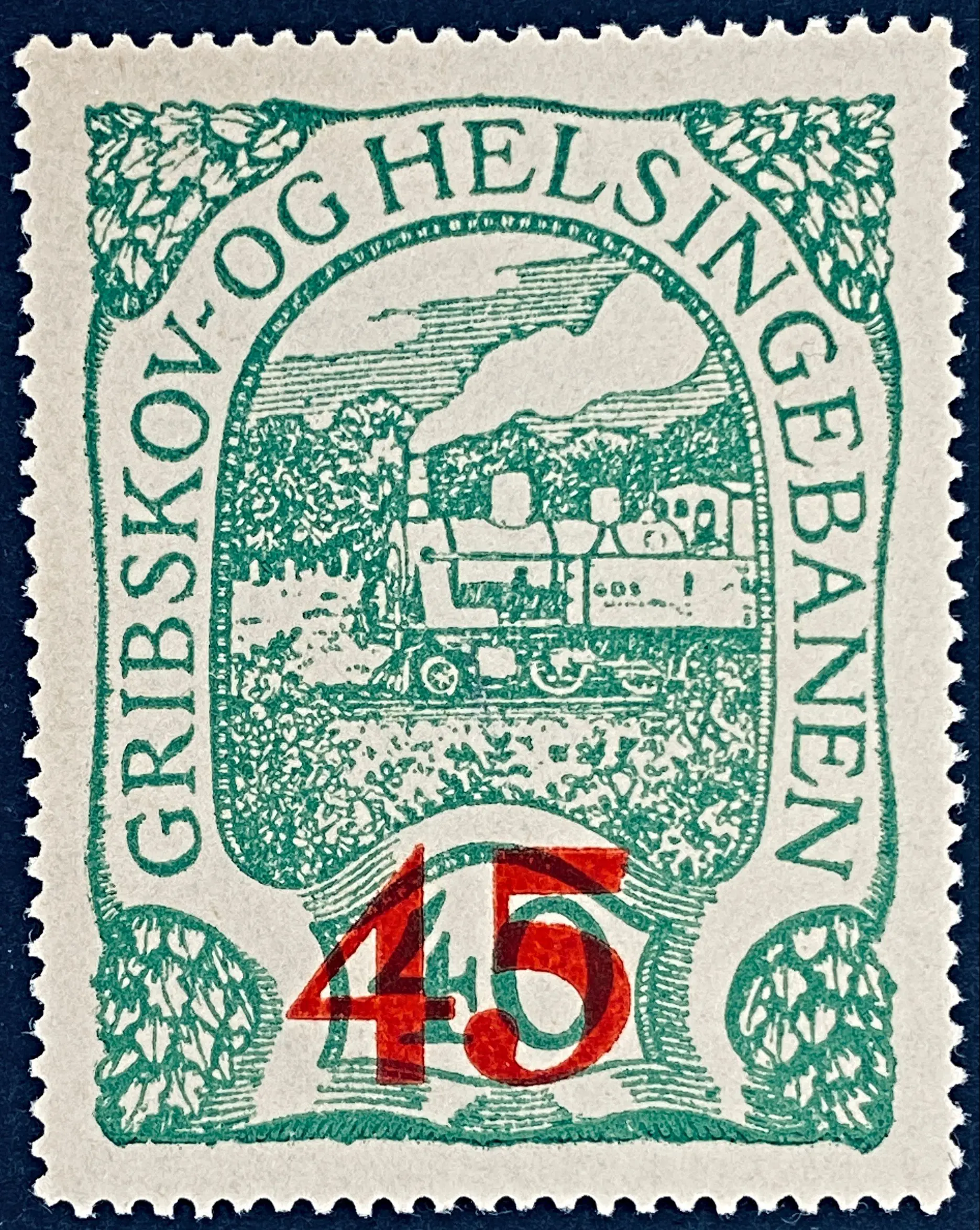 GDS 13 - Provisorium (overtryk) 45 Øre rødt på 40 Øre Motiv: Damptog - Grøn. GDS 13 - Provisorium (overtryk) 45 Øre rødt på 40 Øre Motiv: Damptog - Grøn.