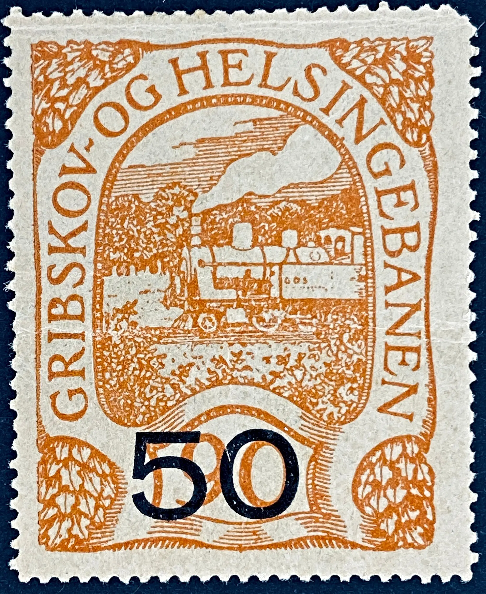 GDS 15 - Provisorium (overtryk) 50 Øre sort på 90 Øre Motiv: Damptog - Gulbrun. GDS 15 - Provisorium (overtryk) 50 Øre sort på 90 Øre Motiv: Damptog - Gulbrun.