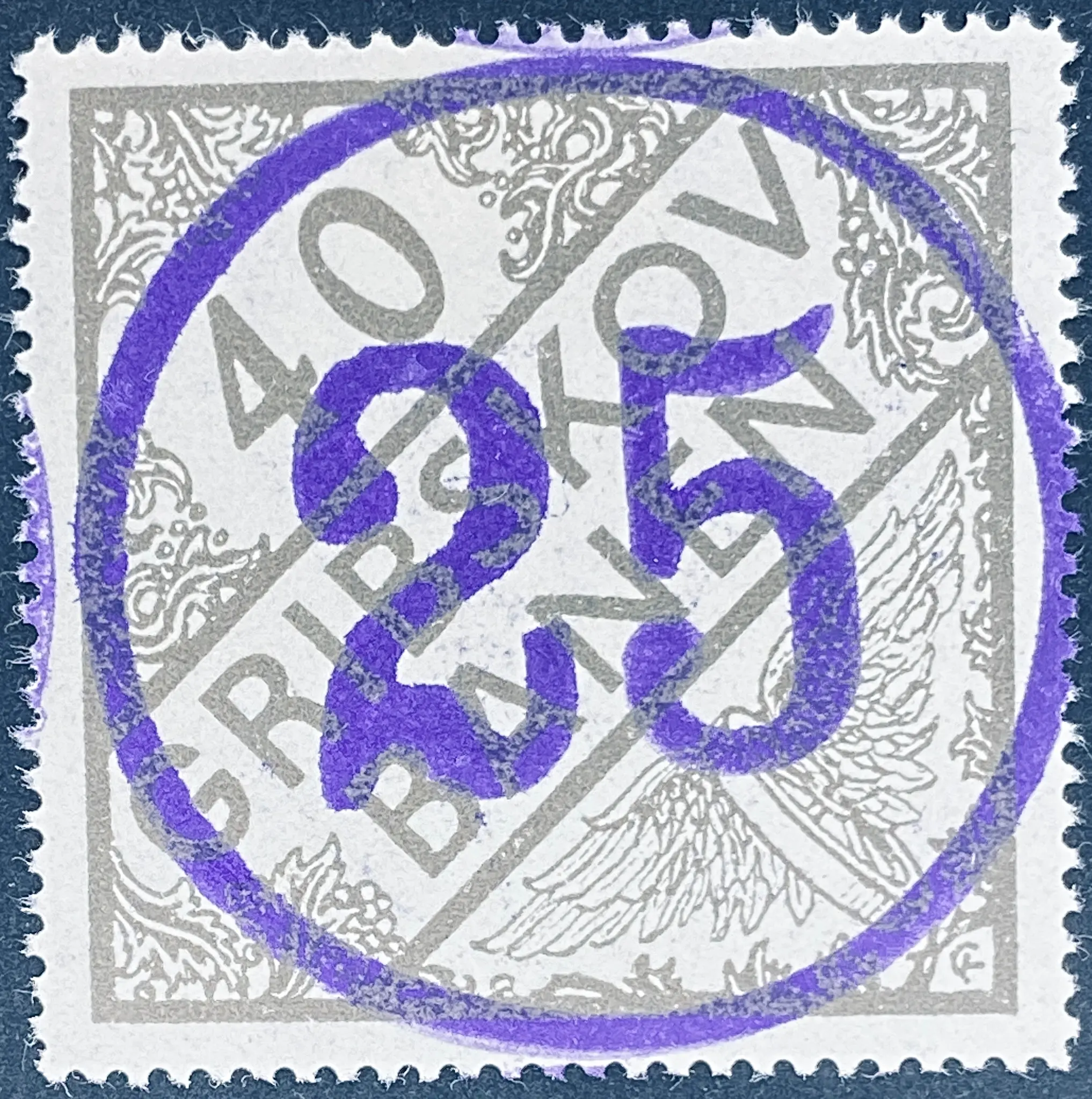 GDS 24 - Provisorium (overtryk) 25 Øre violet håndstemplet med 25 øre i stor cirkel på 40 Øre Motiv: Vingehjul - Grå. GDS 24 - Provisorium (overtryk) 25 Øre violet håndstemplet med 25 øre i stor cirkel på 40 Øre Motiv: Vingehjul - Grå.