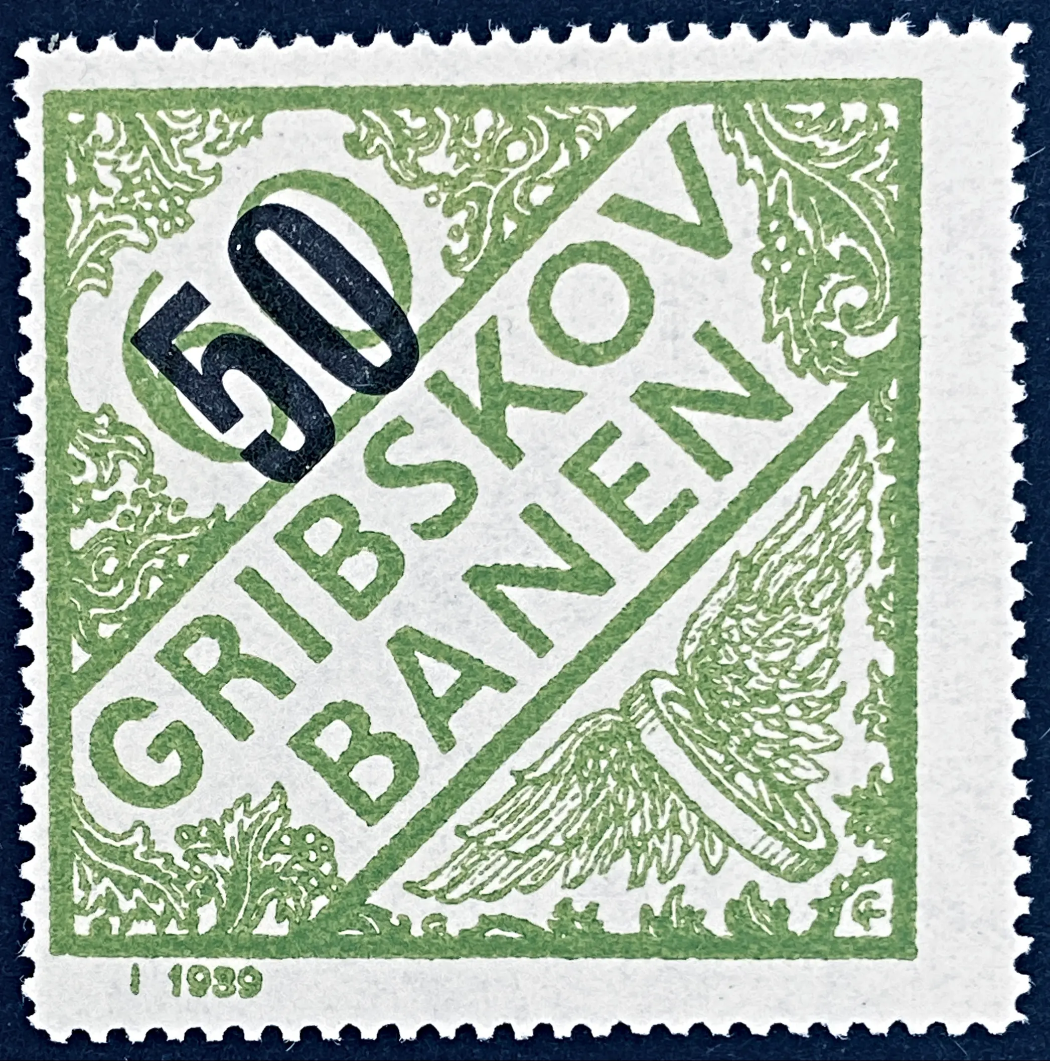 GDS 38A - Provisorium (overtryk) 50 Øre sort på 60 Øre Motiv: Vingehjul - Grøn. GDS 38A - Provisorium (overtryk) 50 Øre sort på 60 Øre Motiv: Vingehjul - Grøn.