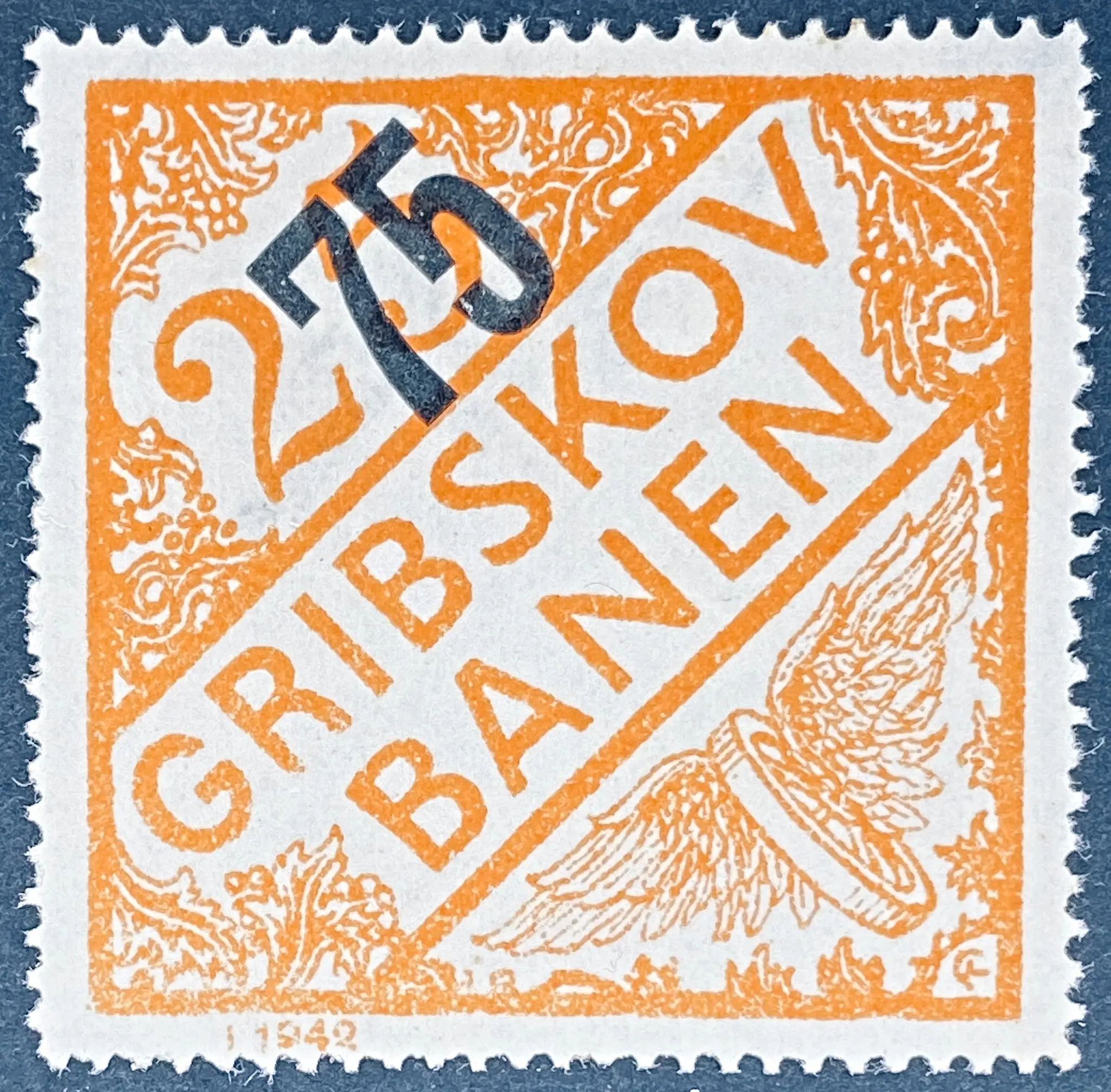 GDS 39 - Provisorium (overtryk) 75 Øre sort på 25 Øre Motiv: Vingehjul - Orange. GDS 39 - Provisorium (overtryk) 75 Øre sort på 25 Øre Motiv: Vingehjul - Orange.