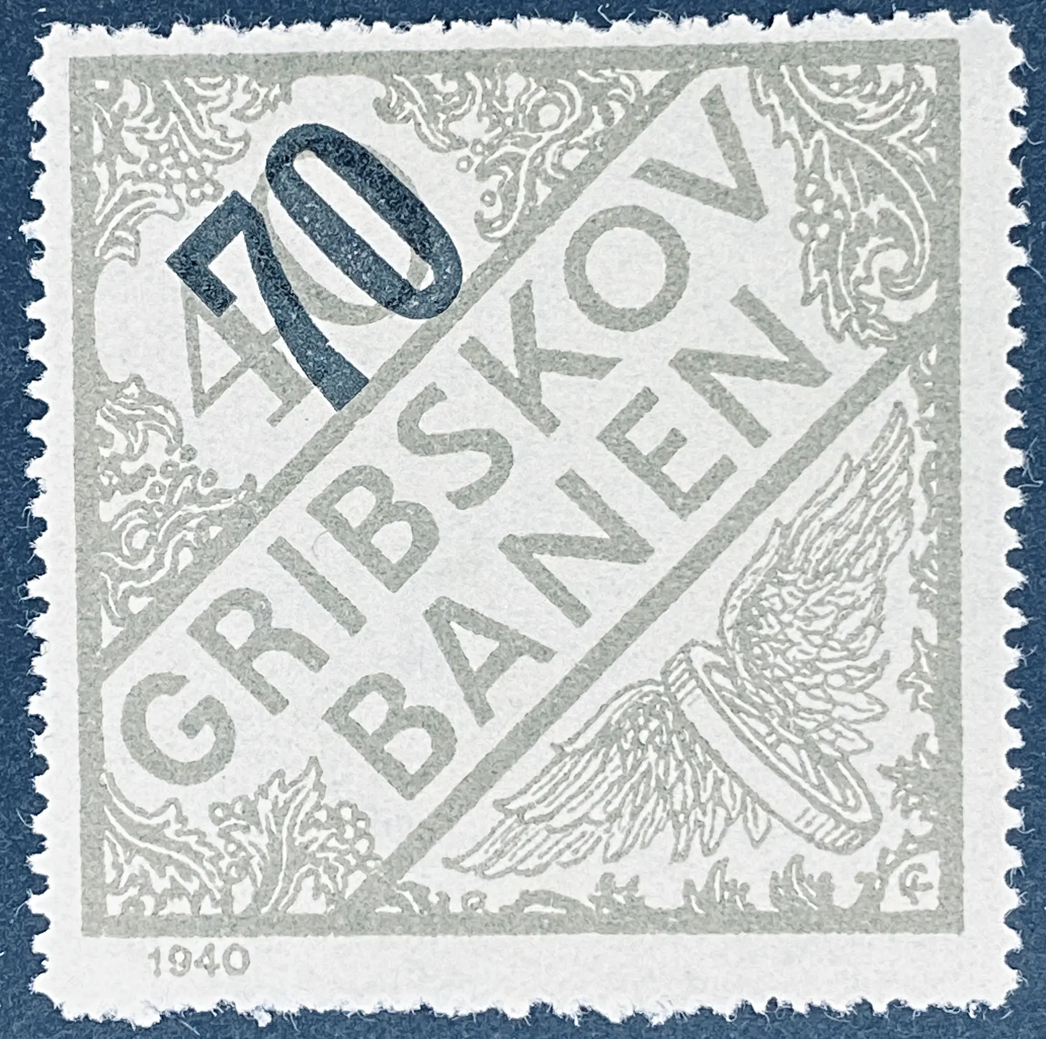 GDS 46 - Provisorium (overtryk) 70 Øre sort på 40 Øre Motiv: Vingehjul - Grå. GDS 46 - Provisorium (overtryk) 70 Øre sort på 40 Øre Motiv: Vingehjul - Grå.