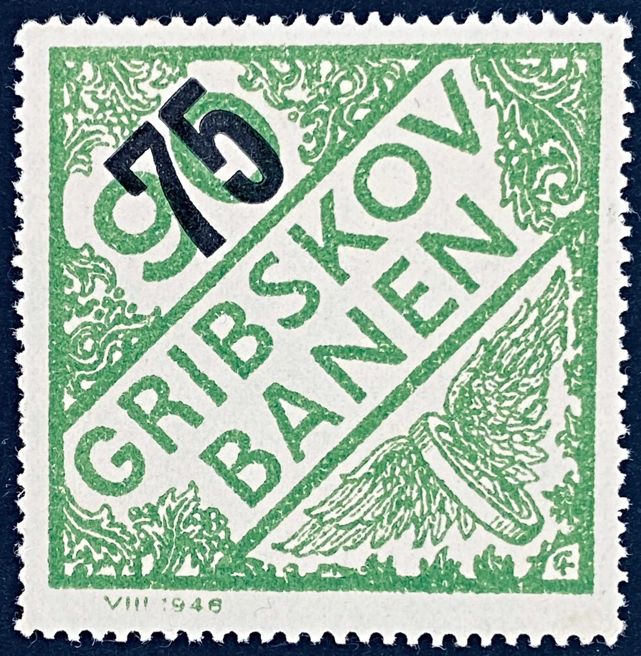 GDS 47 - Provisorium (overtryk) 75 Øre sort på 90 Øre Motiv: Vingehjul - Grøn. GDS 47 - Provisorium (overtryk) 75 Øre sort på 90 Øre Motiv: Vingehjul - Grøn.