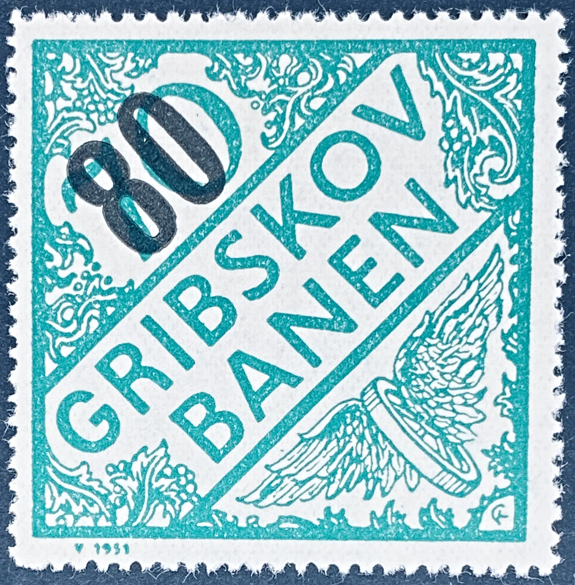 GDS 48 - Provisorium (overtryk) 80 Øre sort bogtryk på 70 Øre Motiv: Vingehjul - Blågrøn. GDS 48 - Provisorium (overtryk) 80 Øre sort bogtryk på 70 Øre Motiv: Vingehjul - Blågrøn.
