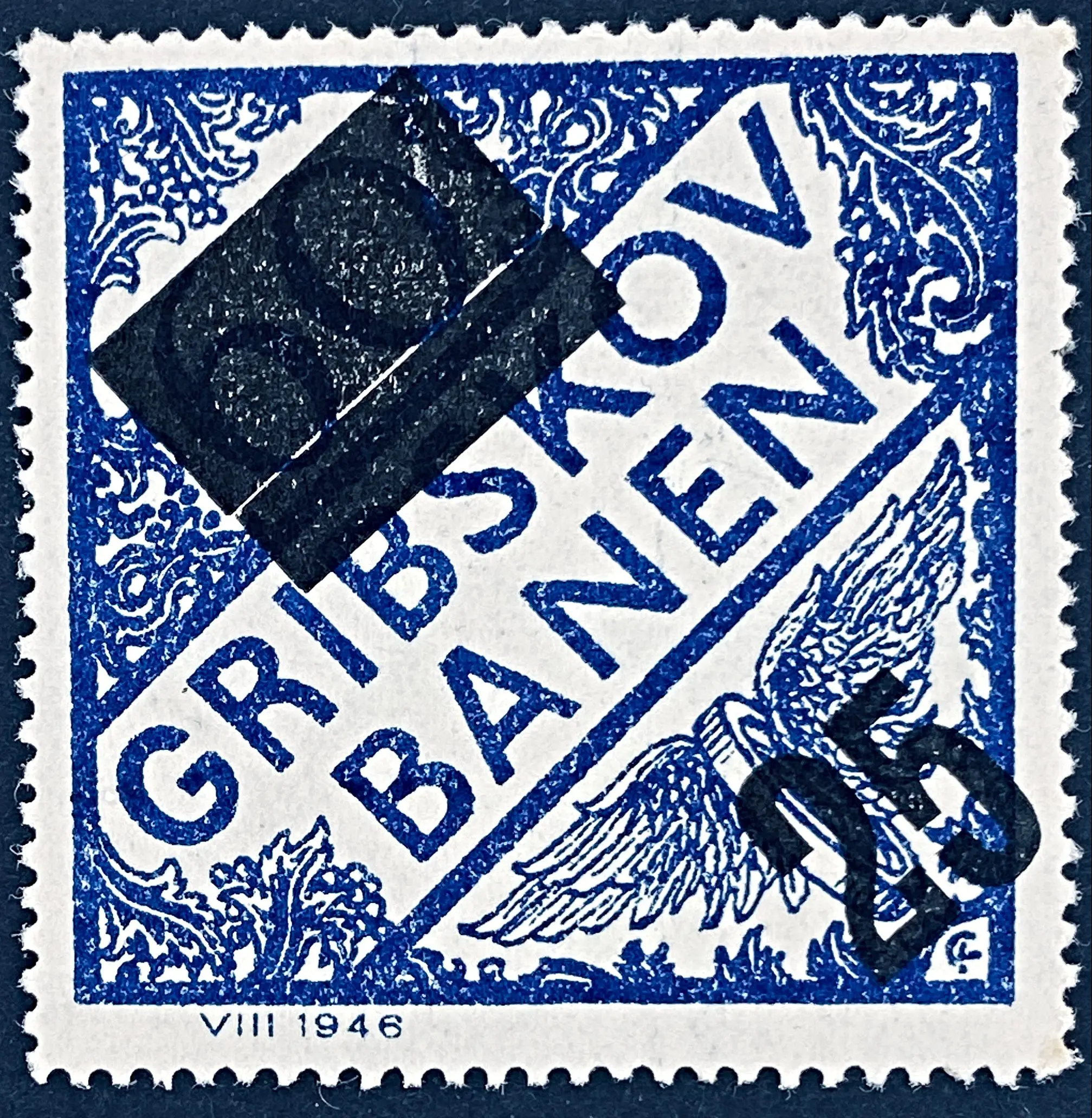GDS 53 - Provisorium (overtryk) 25 Øre sort på 60 Øre Motiv: Vingehjul - Blå. GDS 53 - Provisorium (overtryk) 25 Øre sort på 60 Øre Motiv: Vingehjul - Blå.