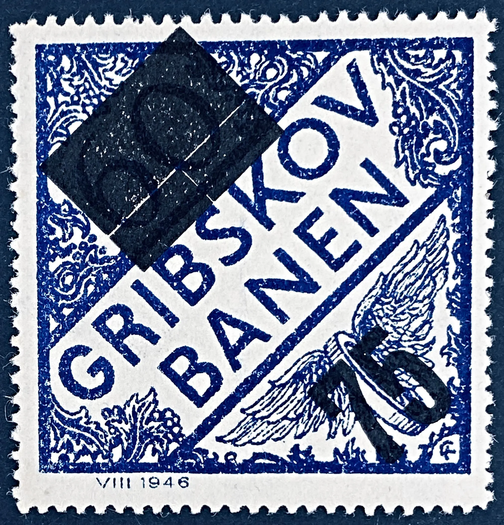 GDS 56 - Provisorium (overtryk) 75 Øre sort på 60 Øre Motiv: Vingehjul - Blå. GDS 56 - Provisorium (overtryk) 75 Øre sort på 60 Øre Motiv: Vingehjul - Blå.