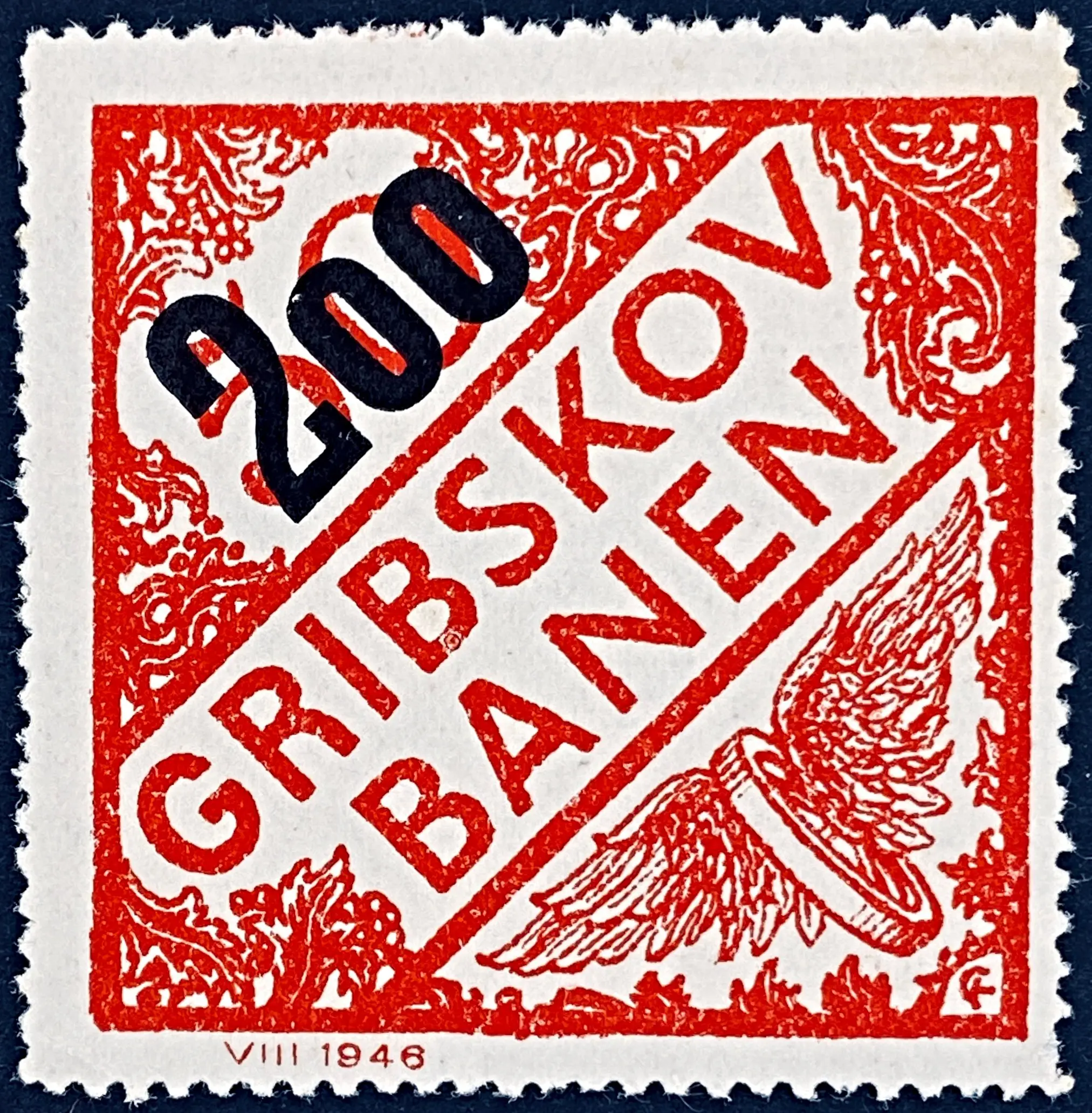 GDS 58 - Provisorium (overtryk) 200 Øre sort på 50 Øre Motiv: Vingehjul - Rød. GDS 58 - Provisorium (overtryk) 200 Øre sort på 50 Øre Motiv: Vingehjul - Rød.