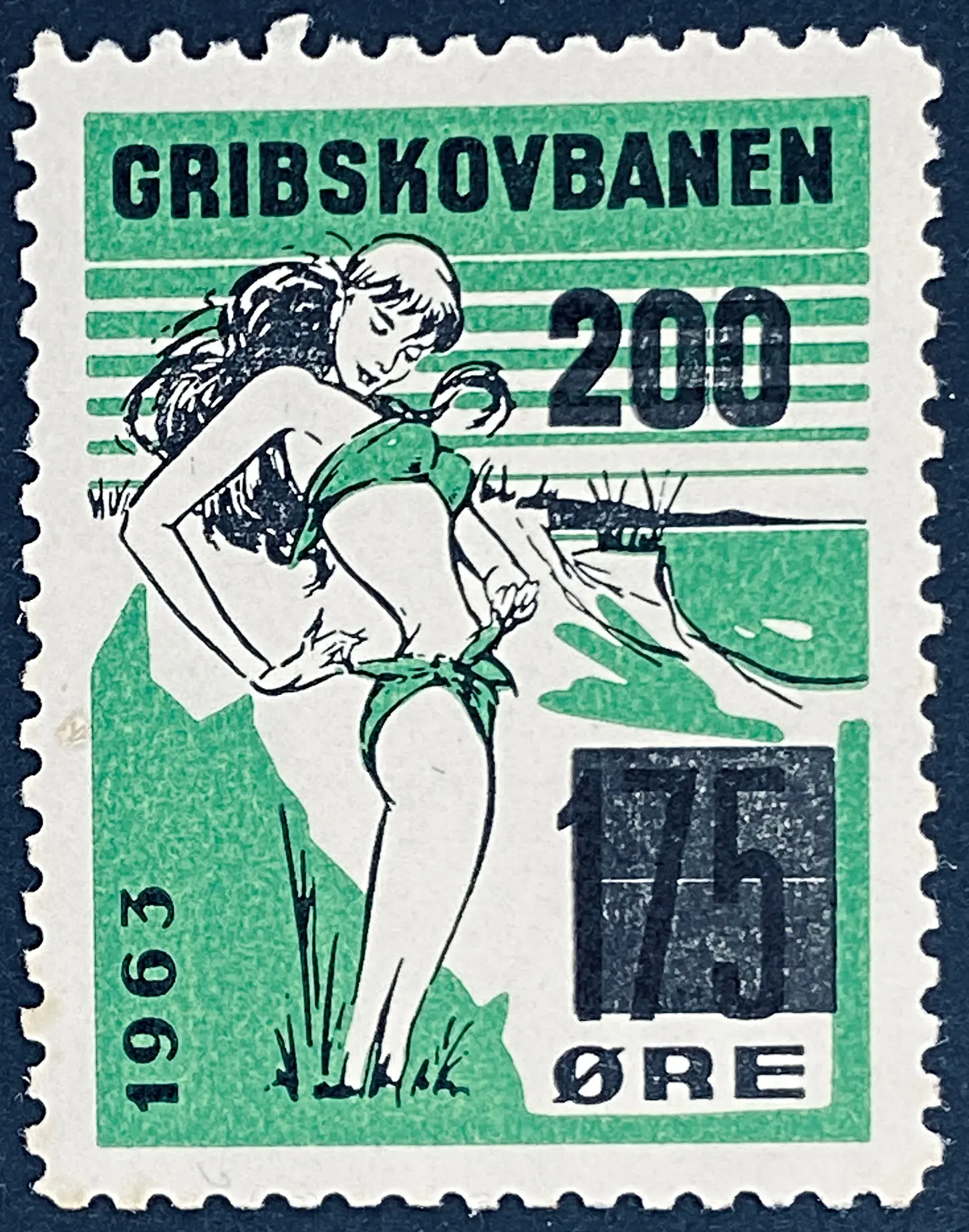 GDS 80 - Provisorium (overtryk) 200 Øre sort på 175 Øre Motiv: Badepige - Sort og Grøn. GDS 80 - Provisorium (overtryk) 200 Øre sort på 175 Øre Motiv: Badepige - Sort og Grøn.
