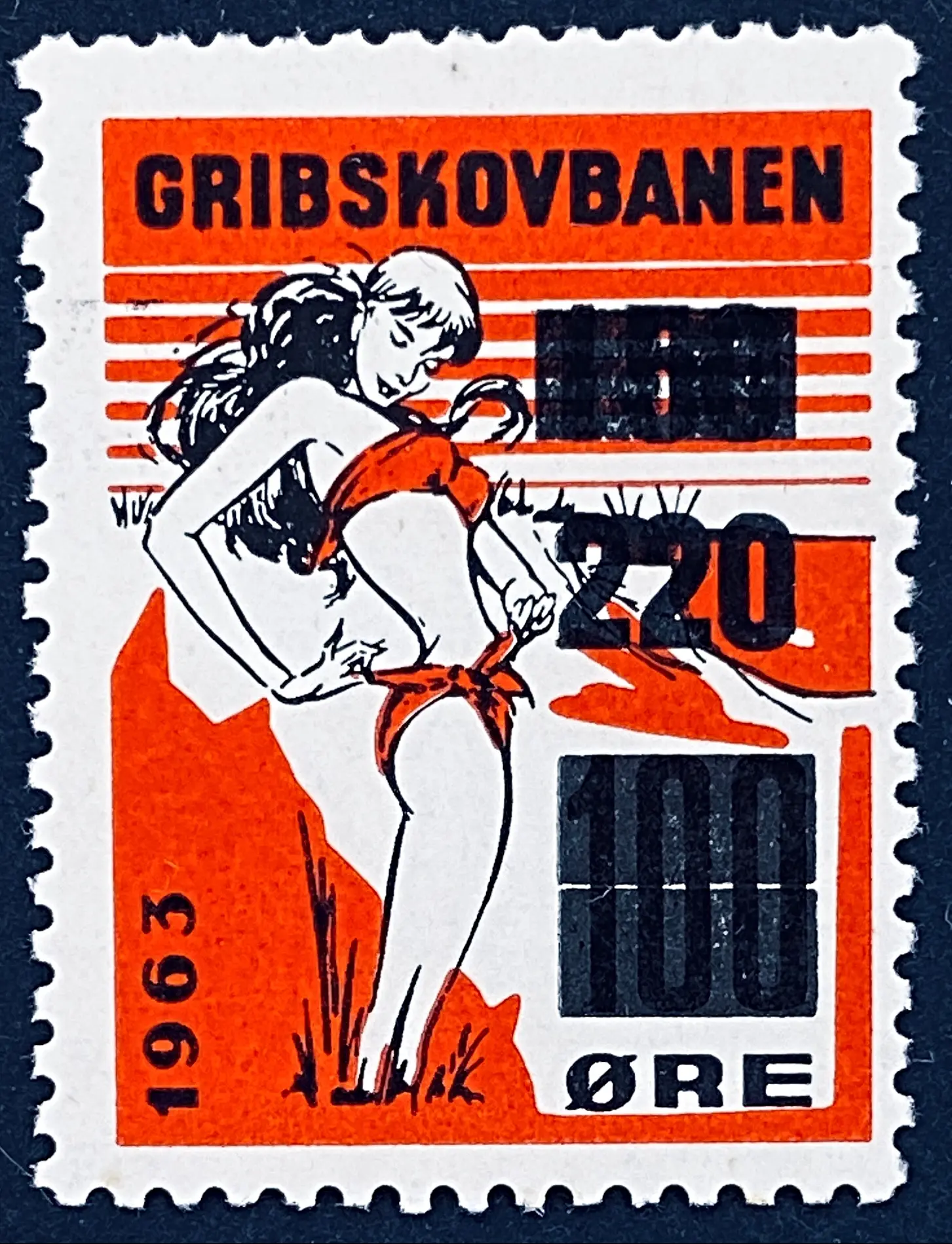 GDS 84 - Provisorium (overtryk) 220 Øre sort på 150 Øre sort på 100 Øre Motiv: Badepige - Sort og Rød. GDS 84 - Provisorium (overtryk) 220 Øre sort på 150 Øre sort på 100 Øre Motiv: Badepige - Sort og Rød.