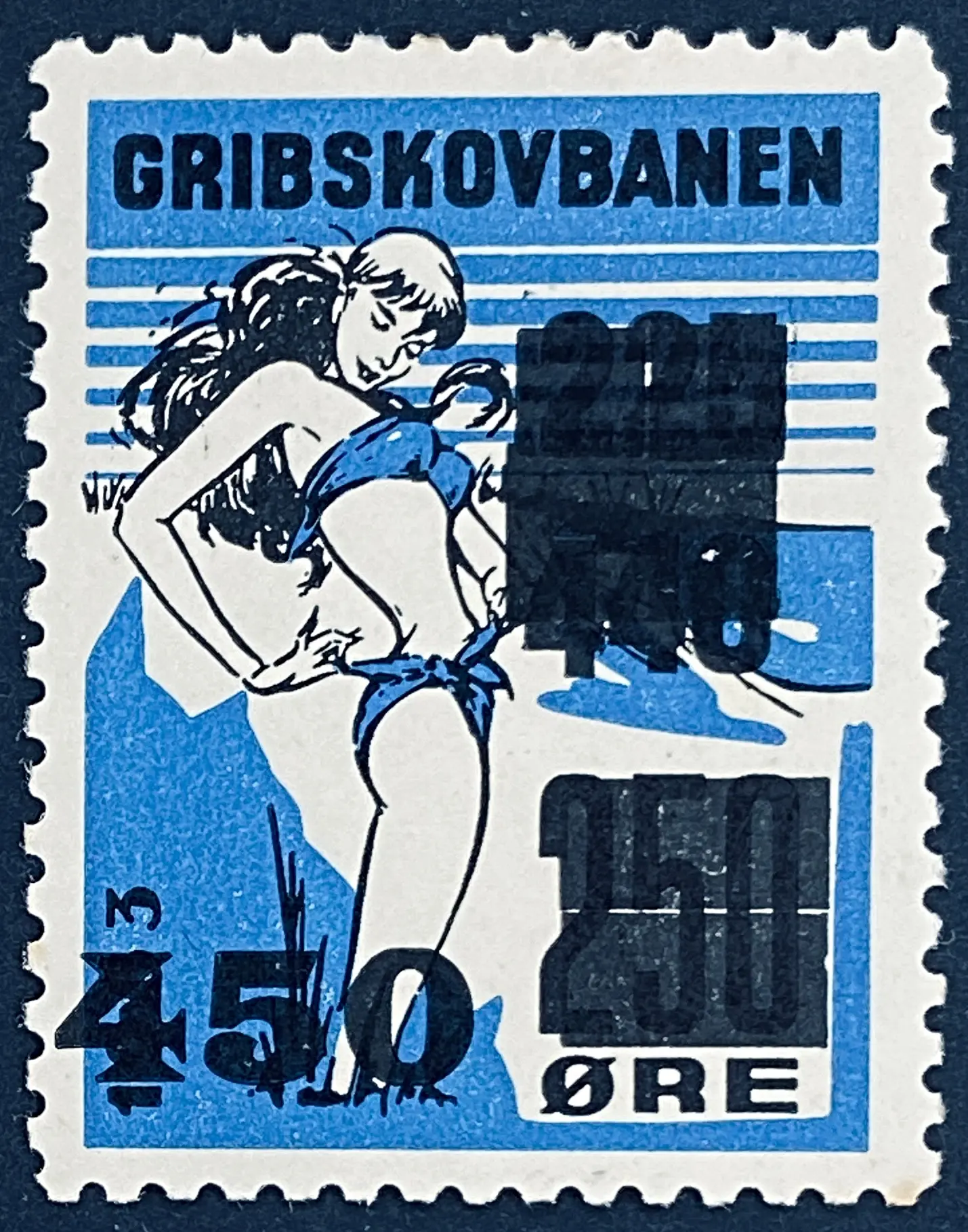 GDS 89 - Provisorium (overtryk) 150 Øre sort på 440 Øre sort på 225 Øre sort på 250 Øre Motiv: Badepige - Sort og Blå. GDS 89 - Provisorium (overtryk) 150 Øre sort på 440 Øre sort på 225 Øre sort på 250 Øre Motiv: Badepige - Sort og Blå.