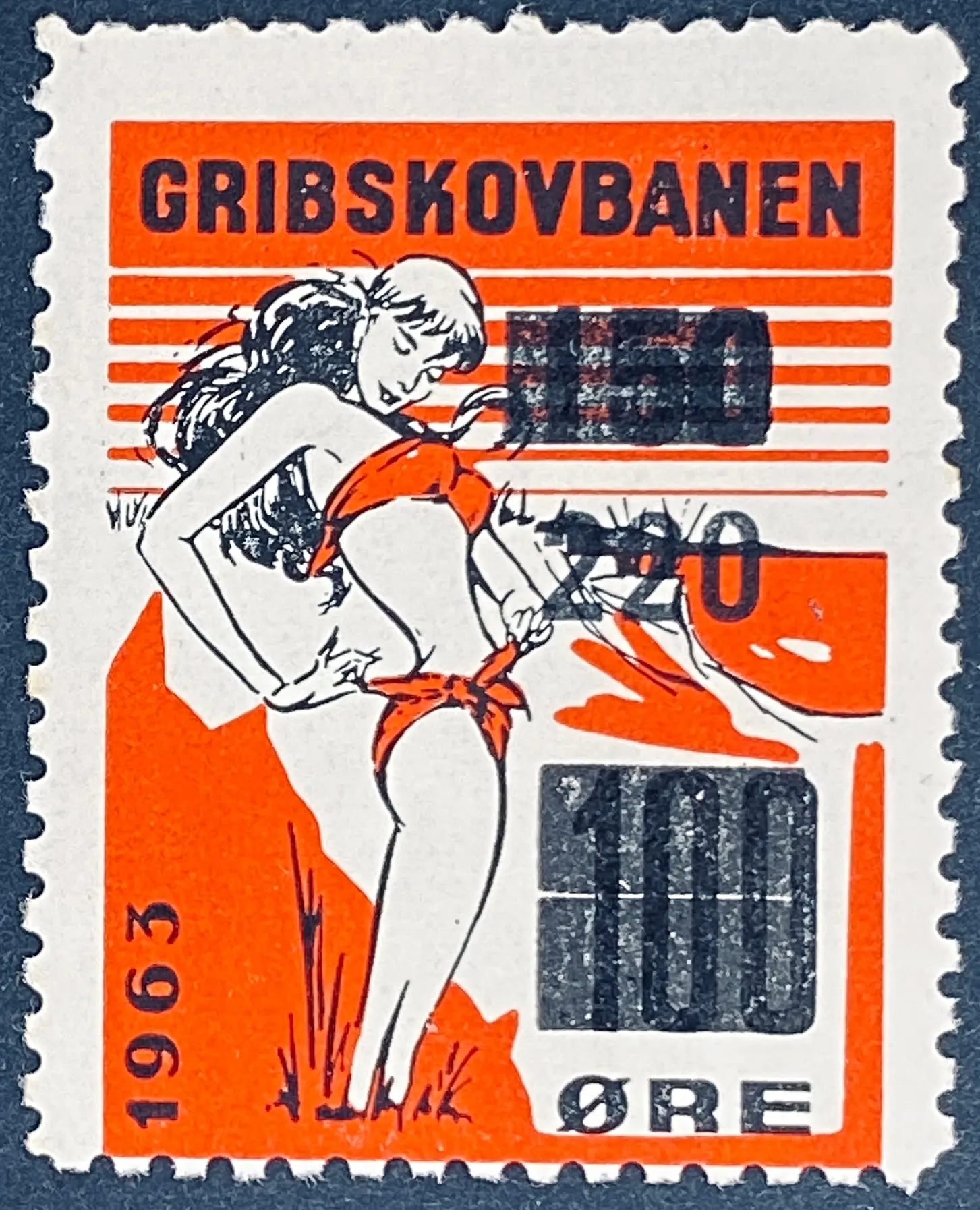 GDS 91 - Provisorium (overtryk) 220 Øre sort på 150 Øre sort på 100 Øre Motiv: Badepige - Sort og Rød. GDS 91 - Provisorium (overtryk) 220 Øre sort på 150 Øre sort på 100 Øre Motiv: Badepige - Sort og Rød.