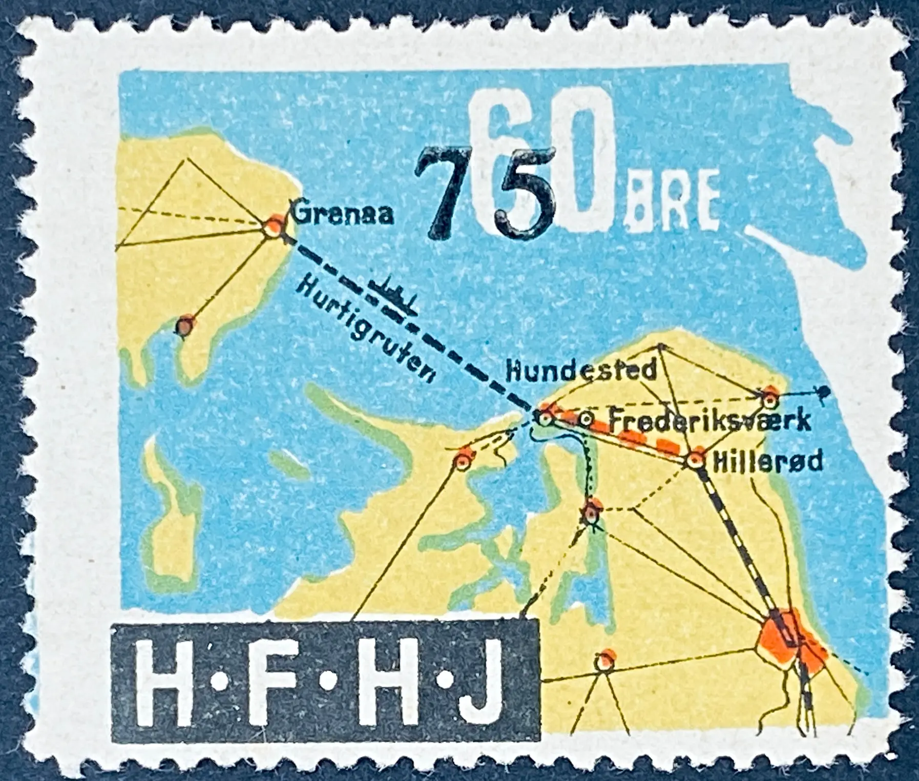 HFHJ 55BX - Provisorium (overtryk) 75 Øre sort på 60 Øre Motiv: Kort med Hurtigruten Grenaa Hundested - Flerfarvet.