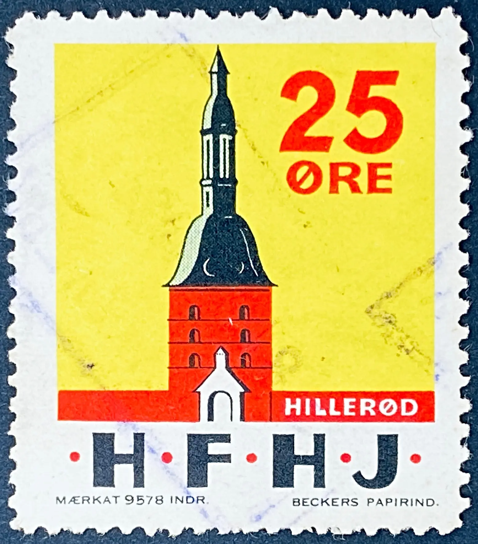 HFHJ 81 - 25 Øre Motiv: Hillerød slotstårn - Flerfarvet - trykkeri: Beckers Papirindustri A/S med mærke nummer: 9578 - banemærket er stemplet. HFHJ 81 - 25 Øre Motiv: Hillerød slotstårn - Flerfarvet - trykkeri: Beckers Papirindustri A/S med mærke nummer: 9578 - banemærket er stemplet.