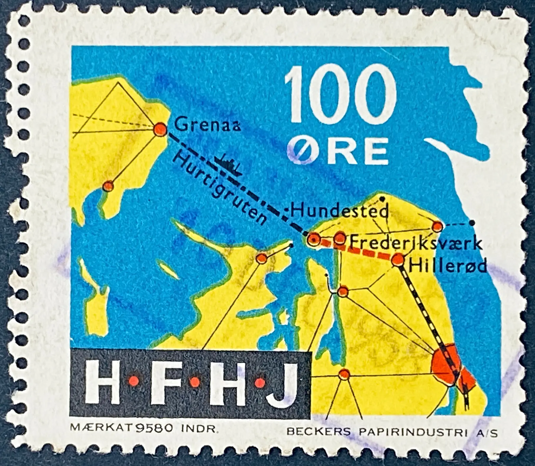 HFHJ 83 - 100 Øre Motiv: Kort med Hurtigruten Grenaa Hundested - Flerfarvet - trykkeri: Beckers Papirindustri A/S med mærke nummer: 9580 - banemærket er stemplet. HFHJ 83 - 100 Øre Motiv: Kort med Hurtigruten Grenaa Hundested - Flerfarvet - trykkeri: Beckers Papirindustri A/S med mærke nummer: 9580 - banemærket er stemplet.