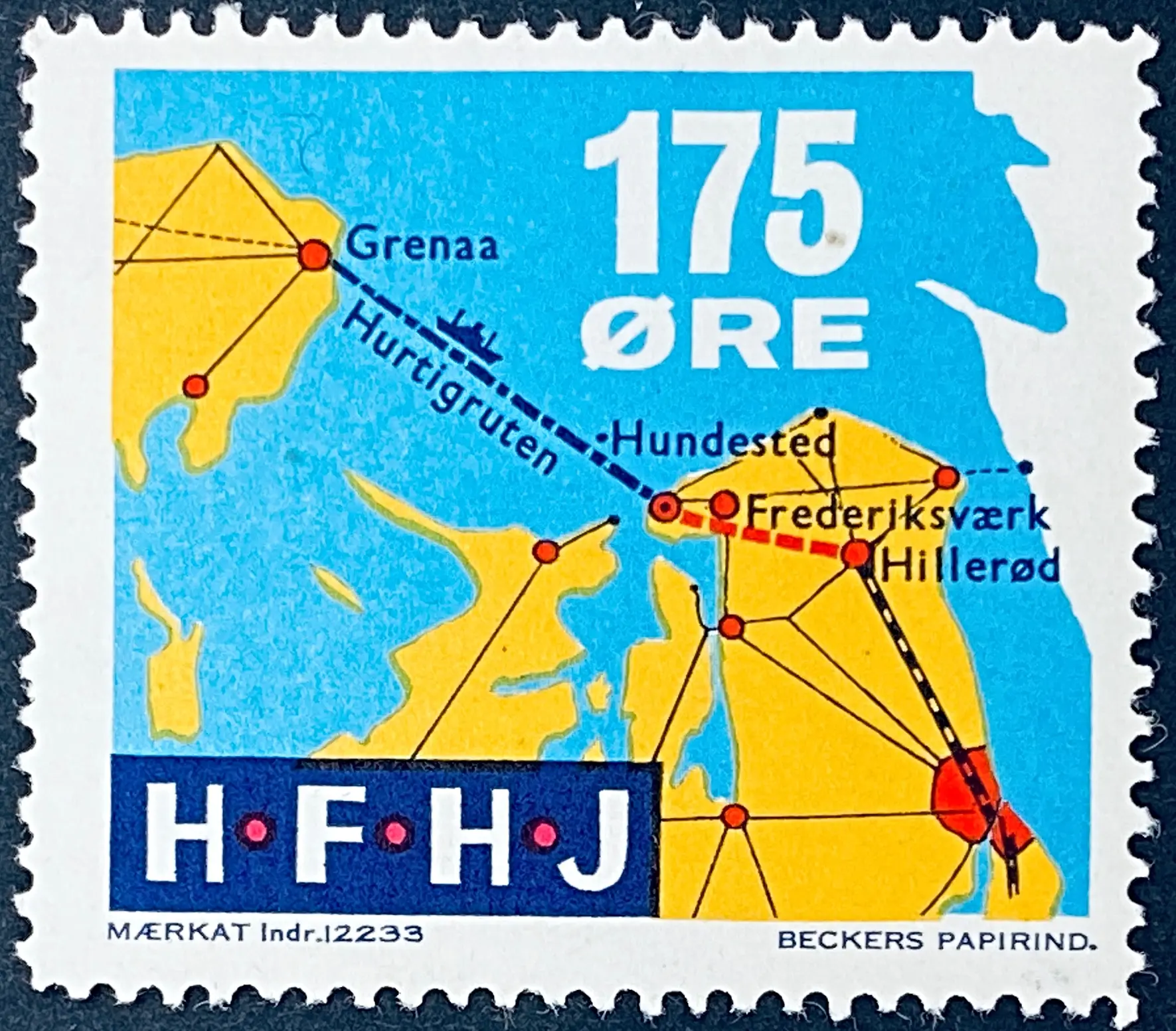 HFHJ 117 - 175 Øre Motiv: Kort med Hurtigruten Grenaa Hundested - Flerfarvet - trykkeri: Beckers Papirindustri A/S med mærke nummer: 12233. HFHJ 117 - 175 Øre Motiv: Kort med Hurtigruten Grenaa Hundested - Flerfarvet - trykkeri: Beckers Papirindustri A/S med mærke nummer: 12233.