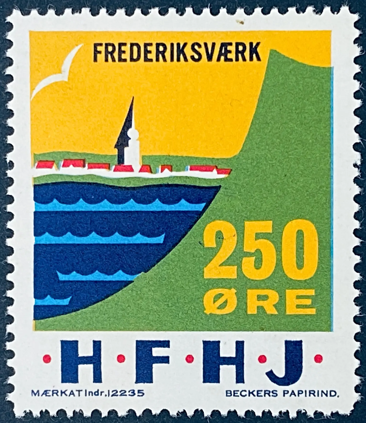 HFHJ 119 - 250 Øre Motiv: Frederiksværk - Flerfarvet - trykkeri: Beckers Papirindustri A/S med mærke nummer: 12235. HFHJ 119 - 250 Øre Motiv: Frederiksværk - Flerfarvet - trykkeri: Beckers Papirindustri A/S med mærke nummer: 12235.