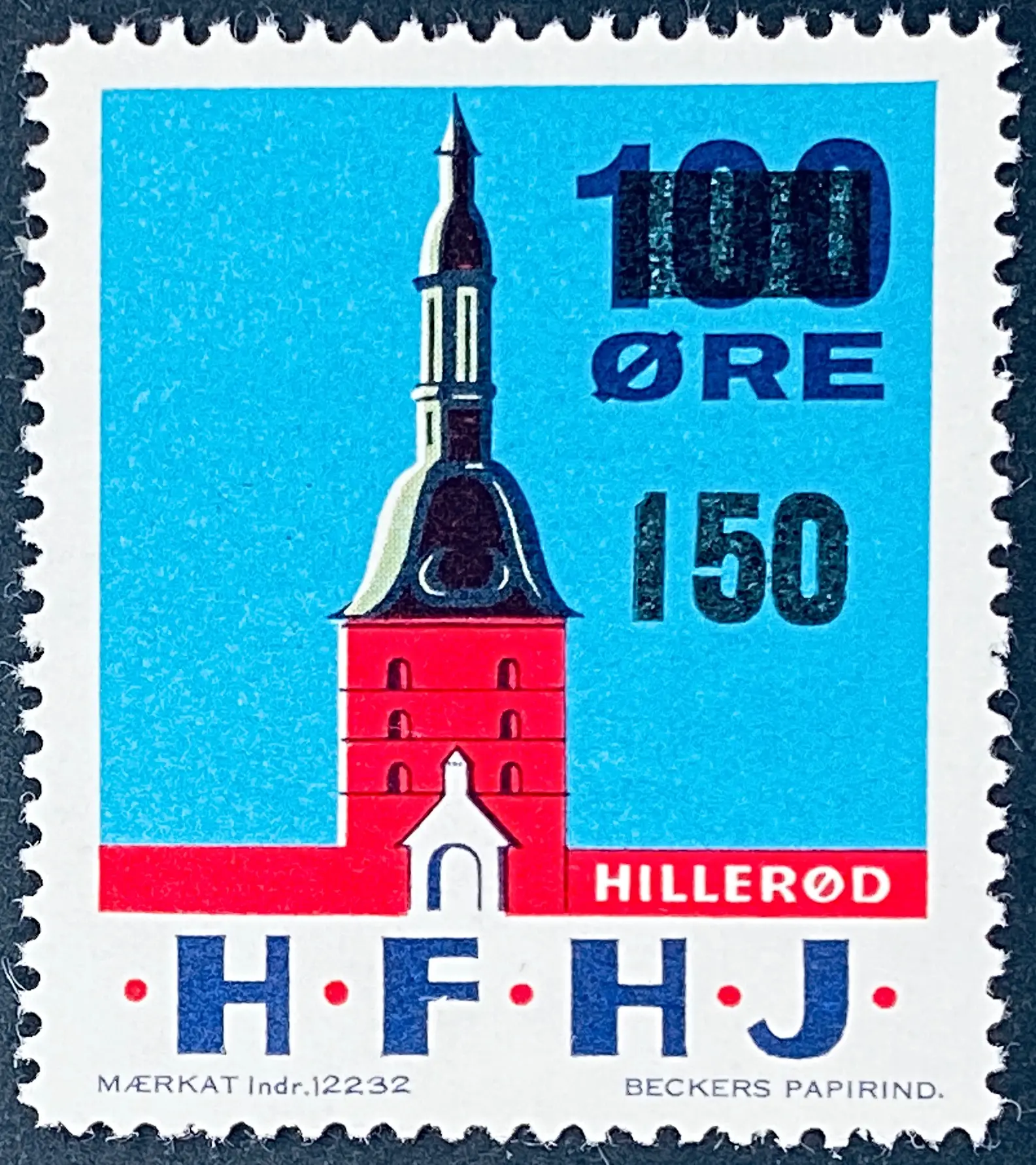 HFHJ 120 - Provisorium (overtryk) 150 øre sort på 100 Øre Motiv: Hillerød slotstårn - Flerfarvet - trykkeri: Beckers Papirindustri A/S med mærke nummer: 12232. HFHJ 120 - Provisorium (overtryk) 150 øre sort på 100 Øre Motiv: Hillerød slotstårn - Flerfarvet - trykkeri: Beckers Papirindustri A/S med mærke nummer: 12232.