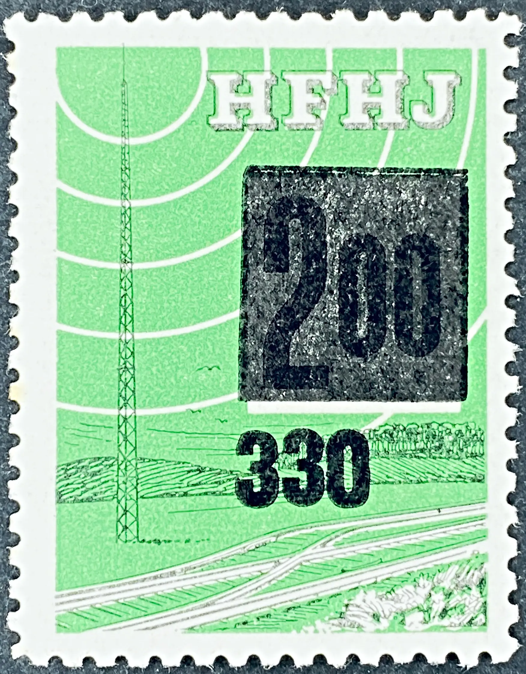 HFHJ 129 - Provisorium (overtryk) 330 Øre på 2<sup>00</sup> Kroner Motiv: Radiomast - Grøn. HFHJ 129 - Provisorium (overtryk) 330 Øre på 2<sup>00</sup> Kroner Motiv: Radiomast - Grøn.