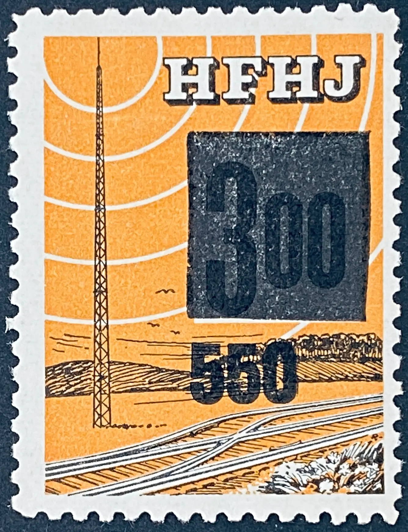 HFHJ 131 - Provisorium (overtryk) 550 Øre sort på 3<sup>00</sup> Kroner Motiv: Radiomast - Orange. HFHJ 131 - Provisorium (overtryk) 550 Øre sort på 3<sup>00</sup> Kroner Motiv: Radiomast - Orange.