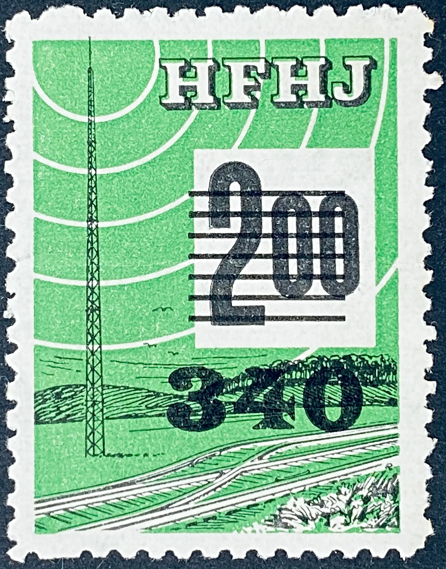 HFHJ 132 - Provisorium (overtryk) 340 Øre på 2<sup>00</sup> Kroner Motiv: Radiomast - Grøn. HFHJ 132 - Provisorium (overtryk) 340 Øre på 2<sup>00</sup> Kroner Motiv: Radiomast - Grøn.