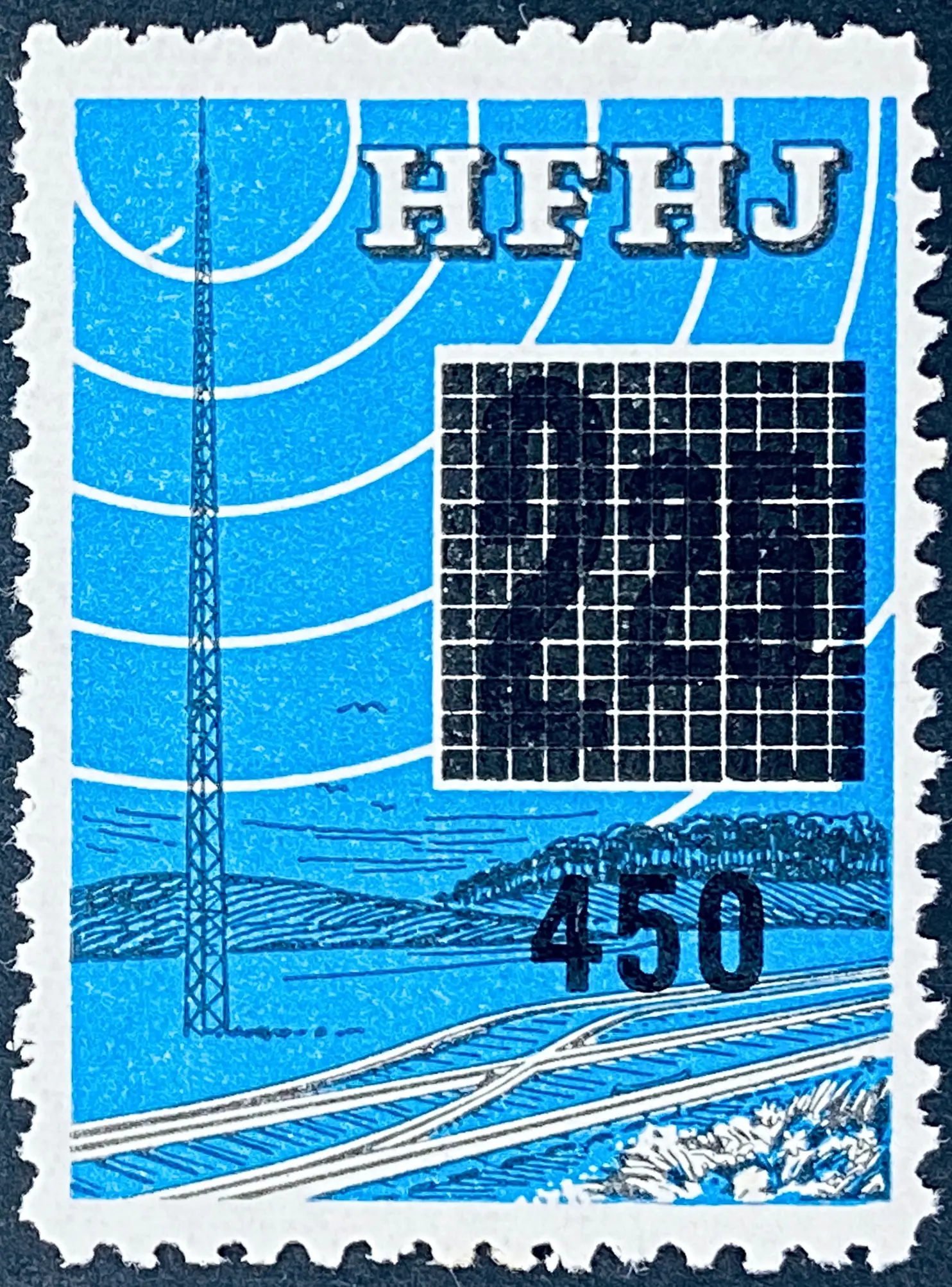 HFHJ 136A - Provisorium (overtryk) 450 Øre sort på 2<sup>25</sup> Kroner Motiv: Radiomast - Blå. HFHJ 136A - Provisorium (overtryk) 450 Øre sort på 2<sup>25</sup> Kroner Motiv: Radiomast - Blå.