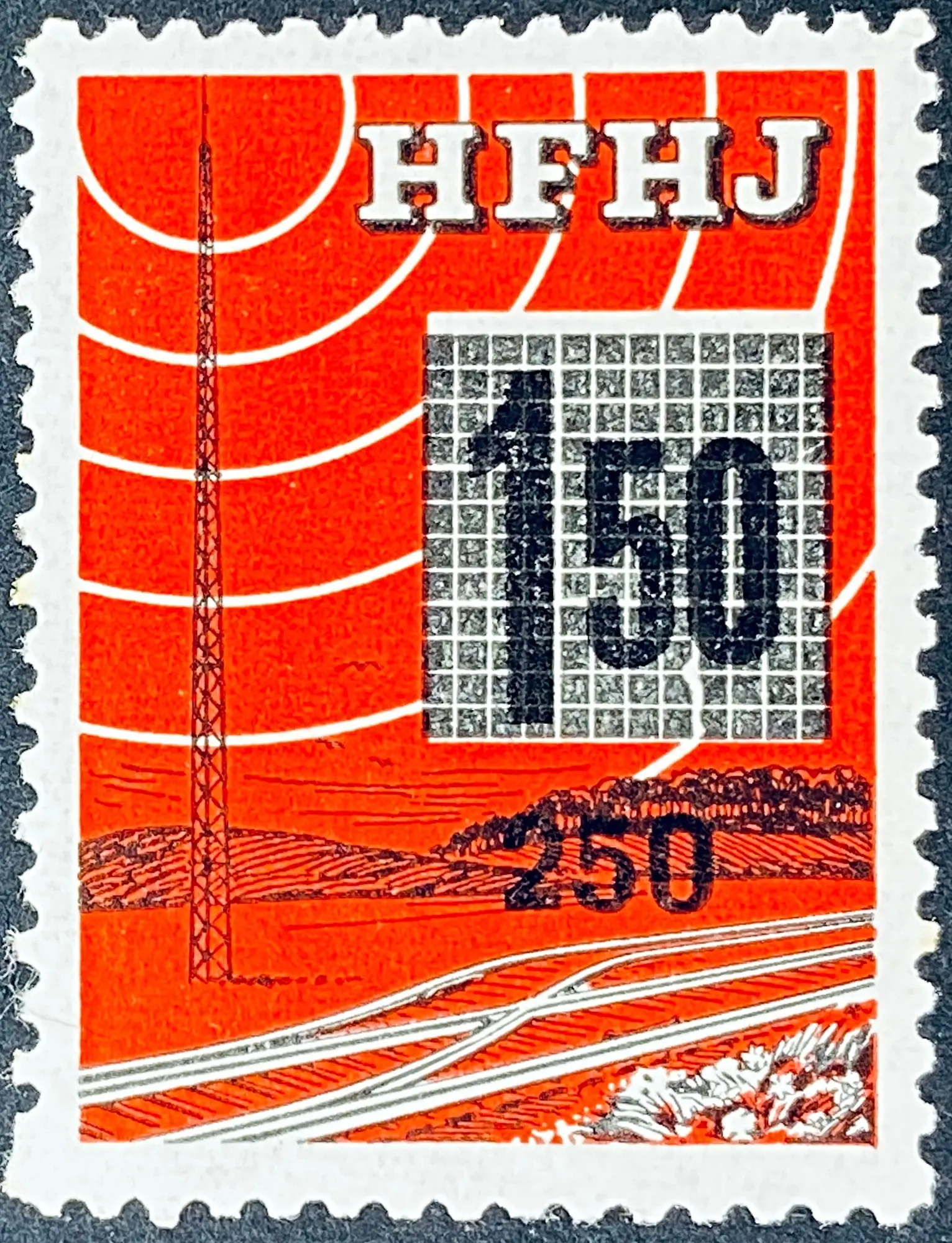 HFHJ 138 - Provisorium (overtryk) 250 Øre på 1<sup>50</sup> Kroner Motiv: Radiomast - Rød. HFHJ 138 - Provisorium (overtryk) 250 Øre på 1<sup>50</sup> Kroner Motiv: Radiomast - Rød.