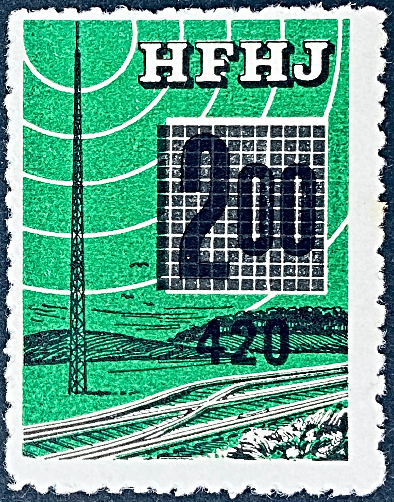 HFHJ 144 - Provisorium (overtryk) 420 Øre på 2<sup>00</sup> Kroner Motiv: Radiomast - Mørkegrøn. HFHJ 144 - Provisorium (overtryk) 420 Øre på 2<sup>00</sup> Kroner Motiv: Radiomast - Mørkegrøn.