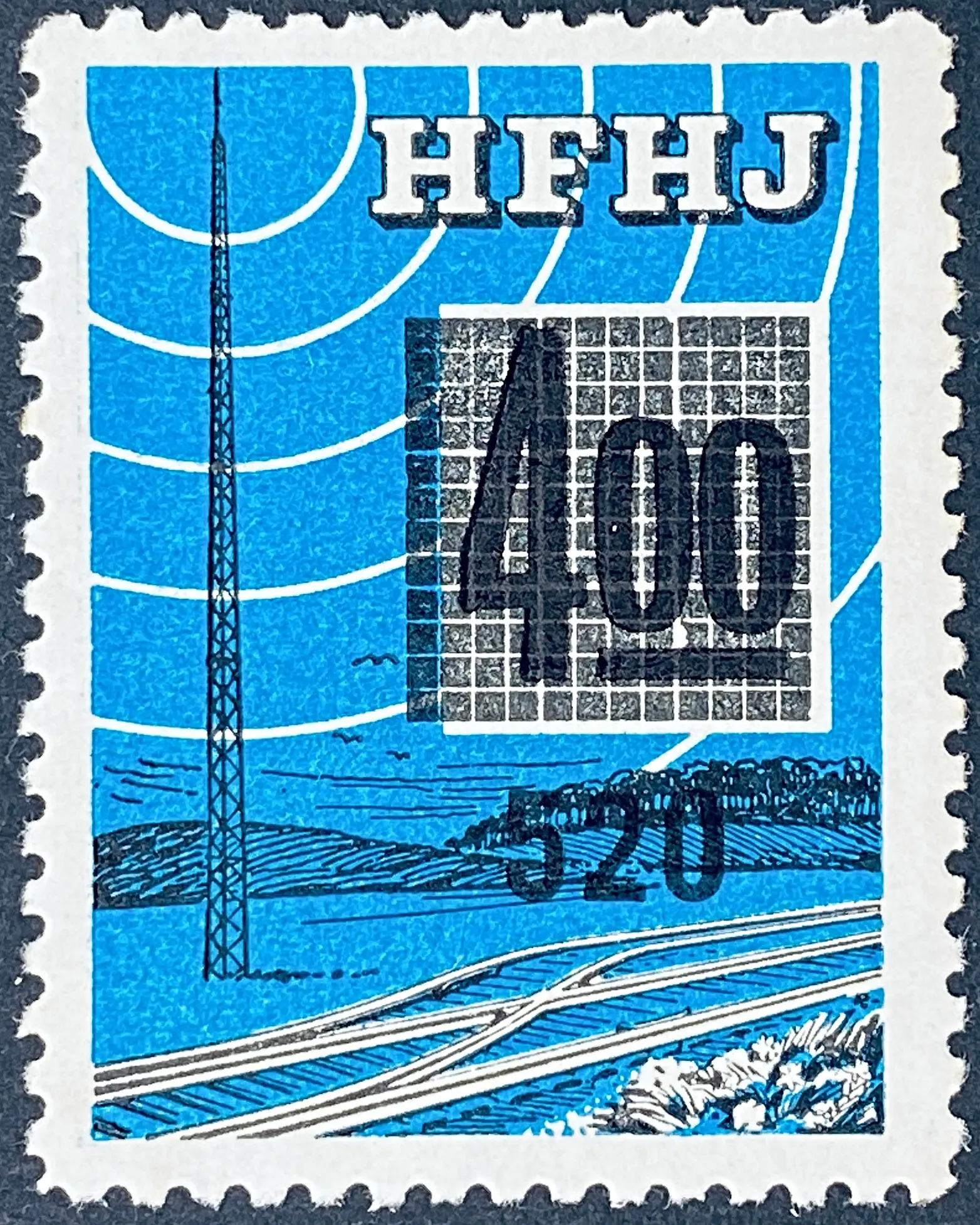 HFHJ 145 - Provisorium (overtryk) 520 Øre på 4<sup>00</sup> Kroner Motiv: Radiomast - Blå. HFHJ 145 - Provisorium (overtryk) 520 Øre på 4<sup>00</sup> Kroner Motiv: Radiomast - Blå.