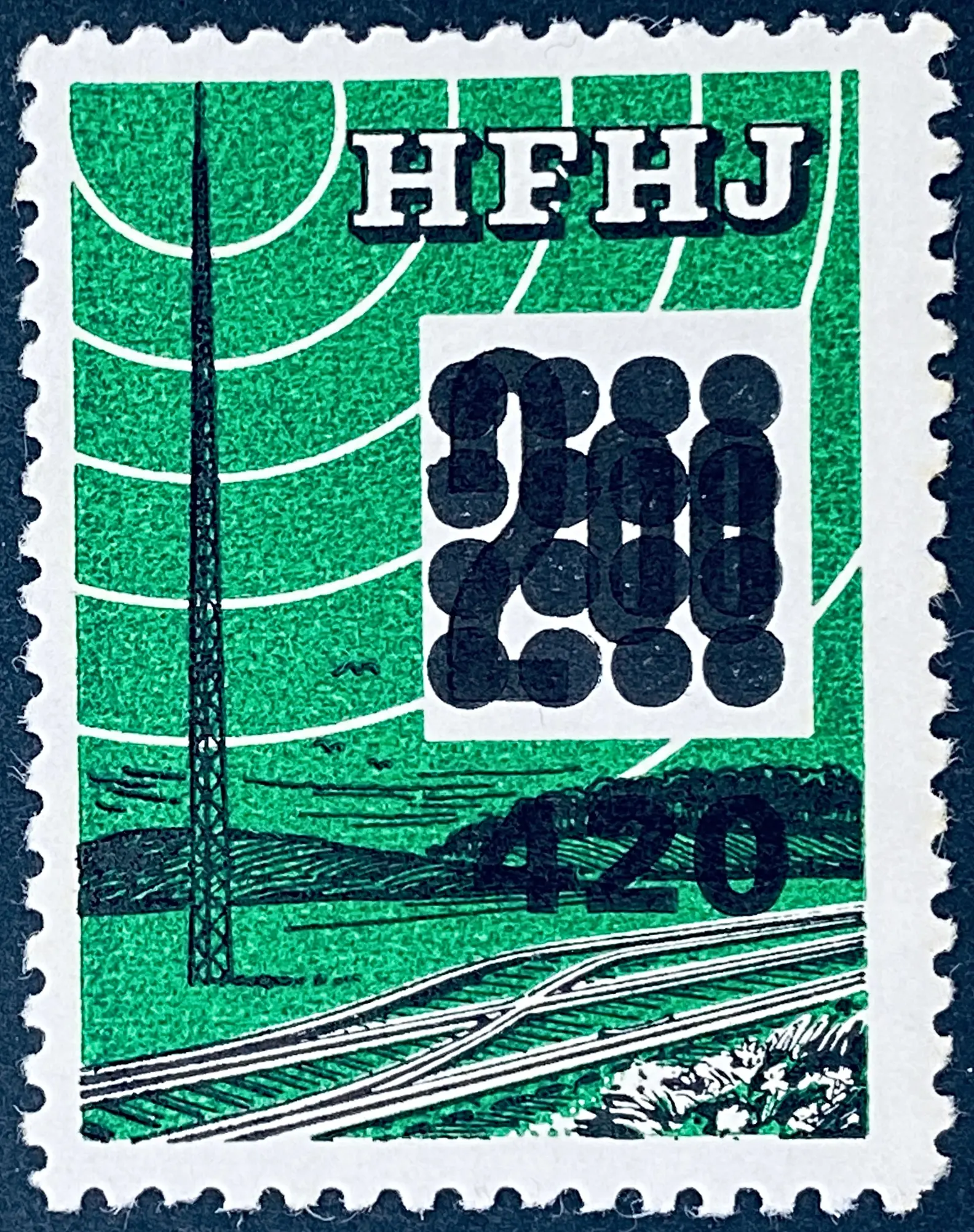 HFHJ 149 - Provisorium (overtryk) 420 Øre sort på 2<sup>00</sup> Kroner Motiv: Radiomast - Mørkegrøn. HFHJ 149 - Provisorium (overtryk) 420 Øre sort på 2<sup>00</sup> Kroner Motiv: Radiomast - Mørkegrøn.