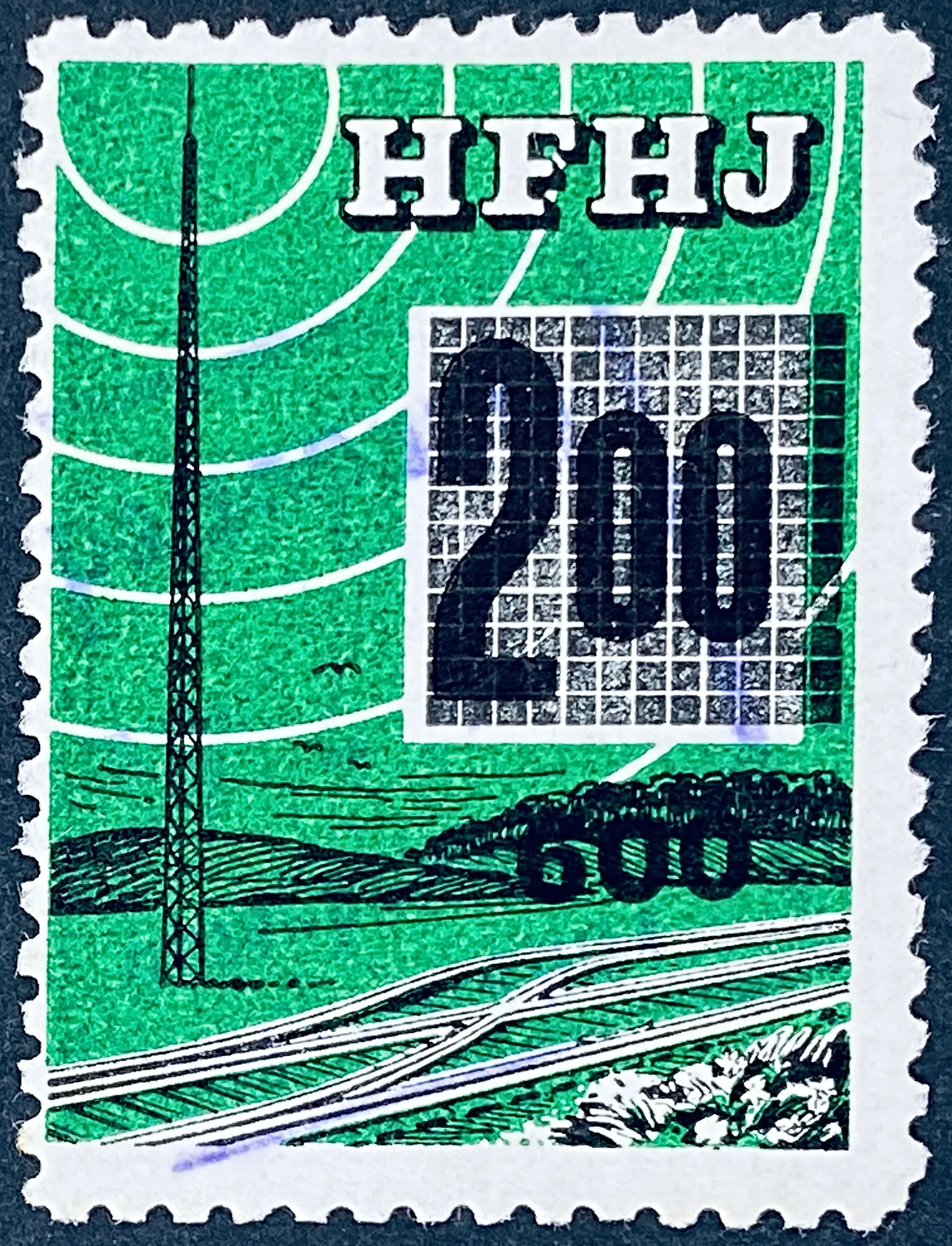 HFHJ 151 - Provisorium (overtryk) 600 Øre sort på 2<sup>00</sup> Kroner Motiv: Radiomast - Mørkegrøn - banemærket er stemplet. HFHJ 151 - Provisorium (overtryk) 600 Øre sort på 2<sup>00</sup> Kroner Motiv: Radiomast - Mørkegrøn - banemærket er stemplet.