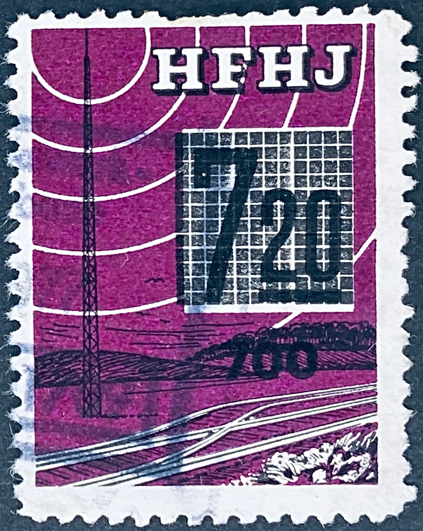 HFHJ 152 - Provisorium (overtryk) 700 Øre sort på 7<sup>20</sup> Kroner Motiv: Radiomast - Lilla - banemærket er stemplet. HFHJ 152 - Provisorium (overtryk) 700 Øre sort på 7<sup>20</sup> Kroner Motiv: Radiomast - Lilla - banemærket er stemplet.