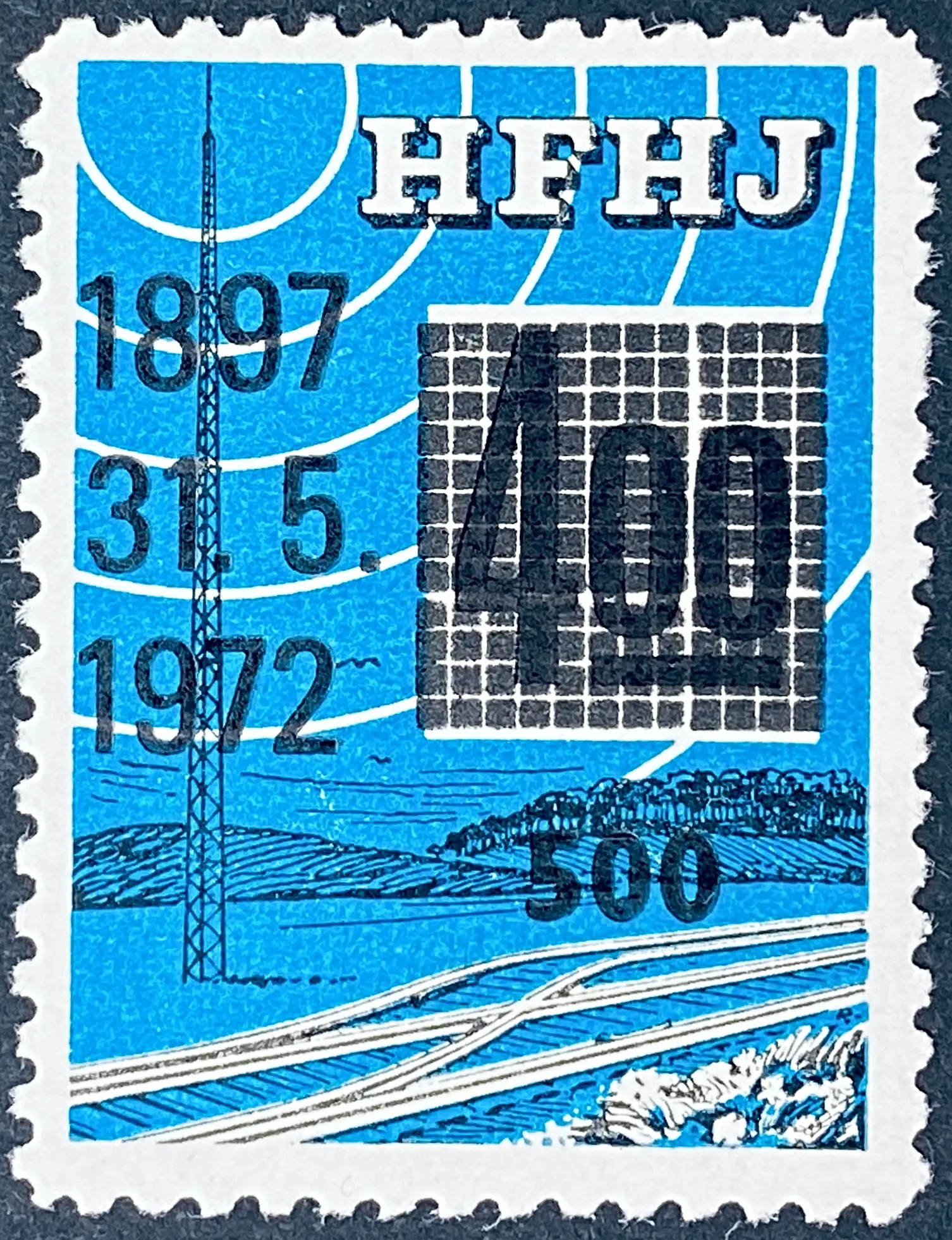 HFHJ 156 - Provisorium (overtryk) 500 øre sort på 4<sup>00</sup> Kroner Motiv: Radiomast - Blå. HFHJ 156 - Provisorium (overtryk) 500 øre sort på 4<sup>00</sup> Kroner Motiv: Radiomast - Blå.