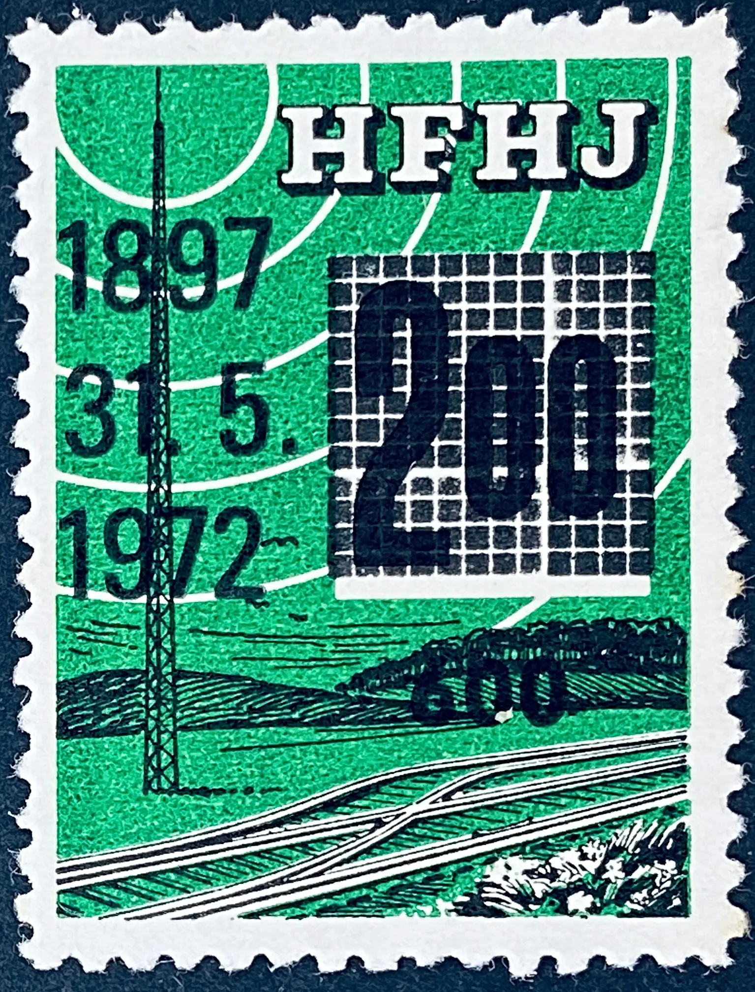 HFHJ 157 - Provisorium (overtryk) 600 Øre sort på 2<sup>00</sup> Kroner Motiv: Radiomast - Mørkegrøn. HFHJ 157 - Provisorium (overtryk) 600 Øre sort på 2<sup>00</sup> Kroner Motiv: Radiomast - Mørkegrøn.