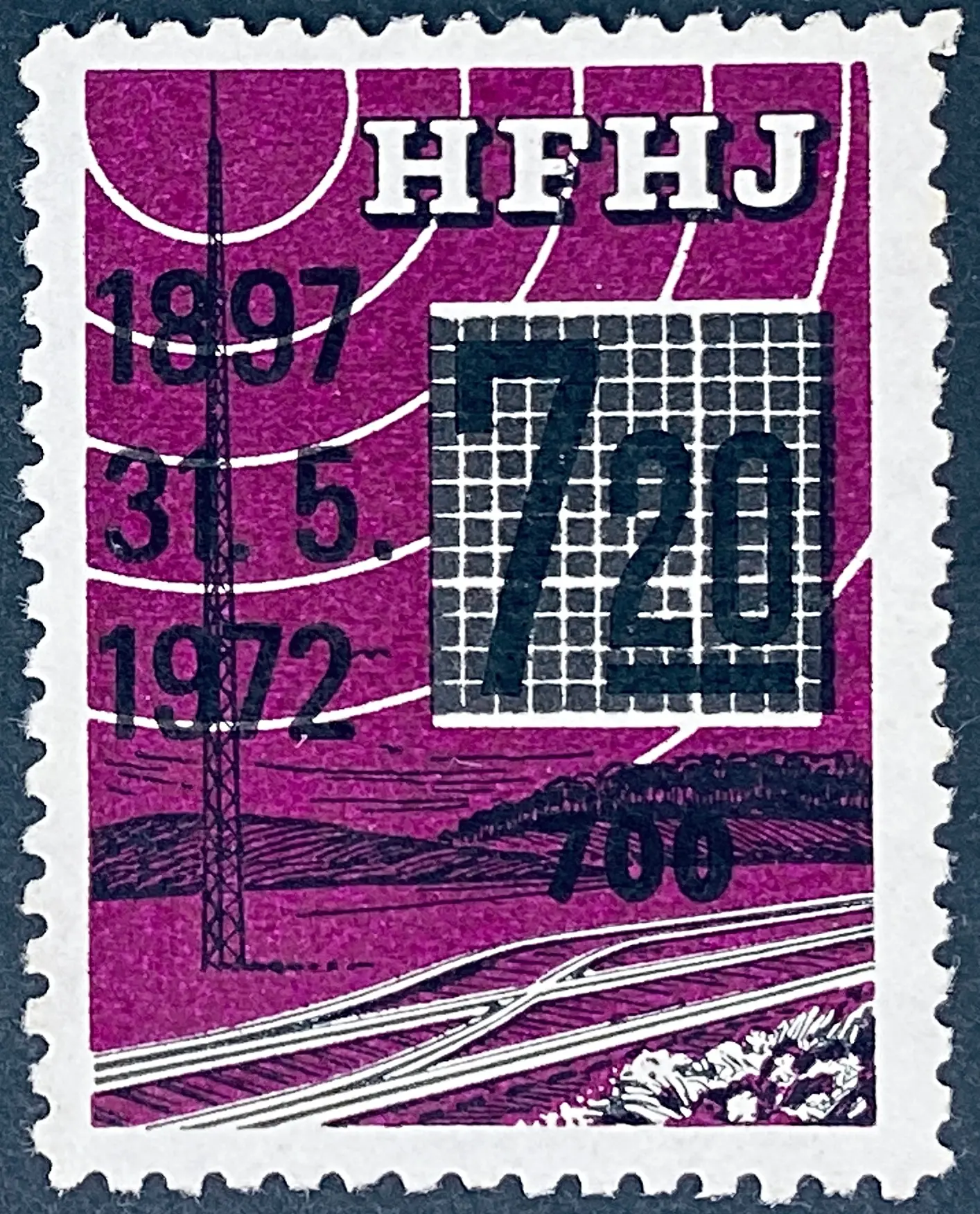 HFHJ 158 - Provisorium (overtryk) 700 Øre sort på 7<sup>20</sup> Kroner Motiv: Radiomast - Lilla. HFHJ 158 - Provisorium (overtryk) 700 Øre sort på 7<sup>20</sup> Kroner Motiv: Radiomast - Lilla.