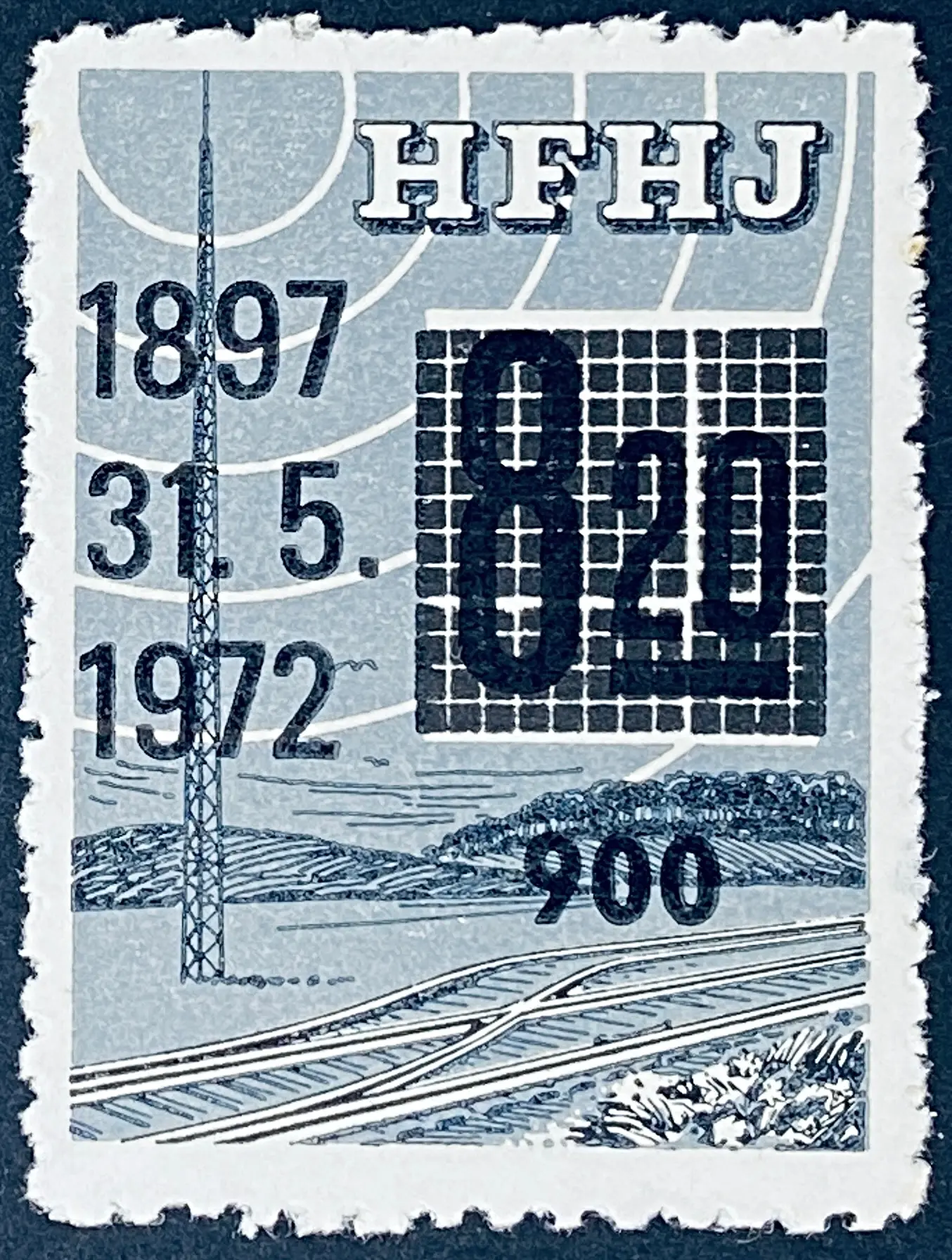 HFHJ 160 - Provisorium (overtryk) 900 Øre sort på 8<sup>20</sup> Kroner Motiv: Radiomast - Grå. HFHJ 160 - Provisorium (overtryk) 900 Øre sort på 8<sup>20</sup> Kroner Motiv: Radiomast - Grå.