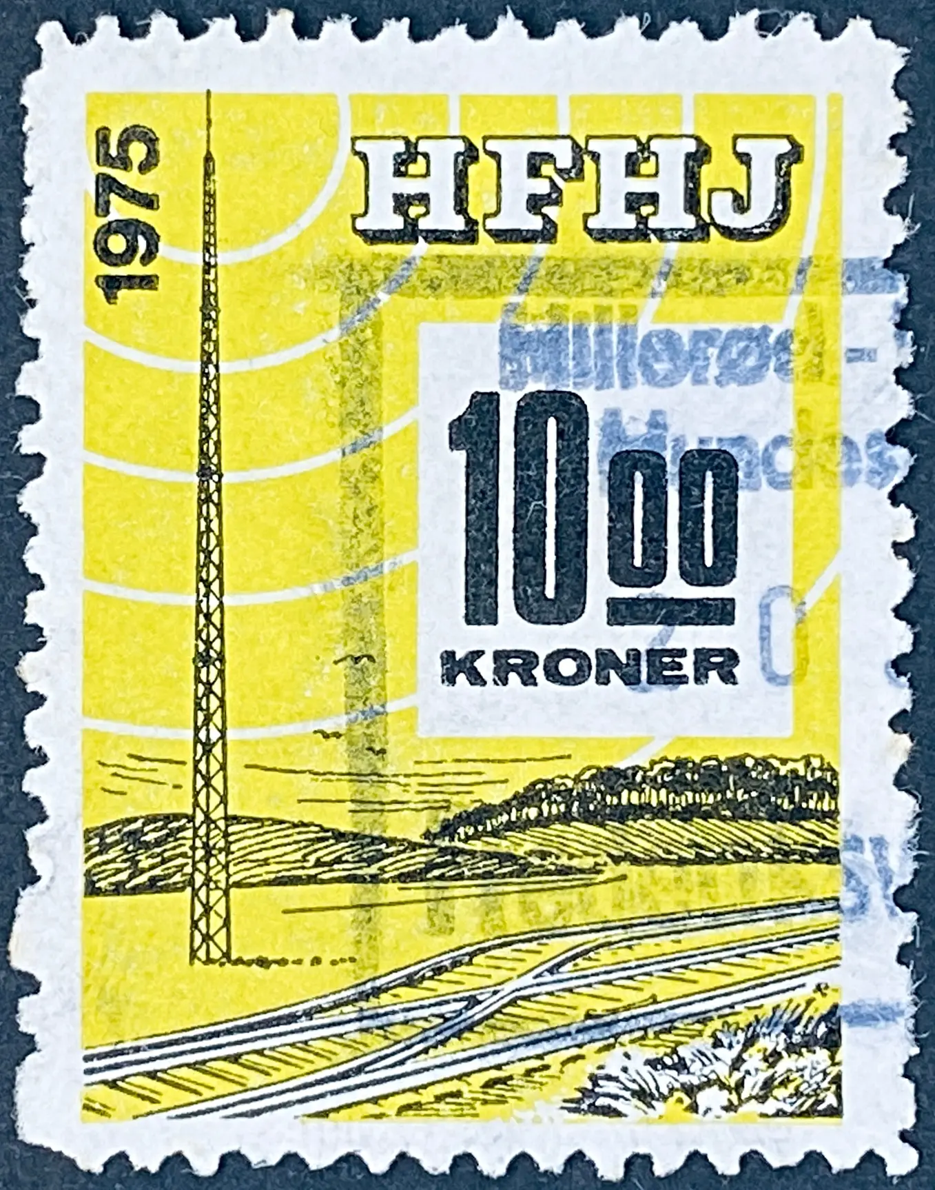 HFHJ 169 - 10<sup>00</sup> Kroner Motiv: Radiomast - Gul og Sort - banemærket er stemplet.