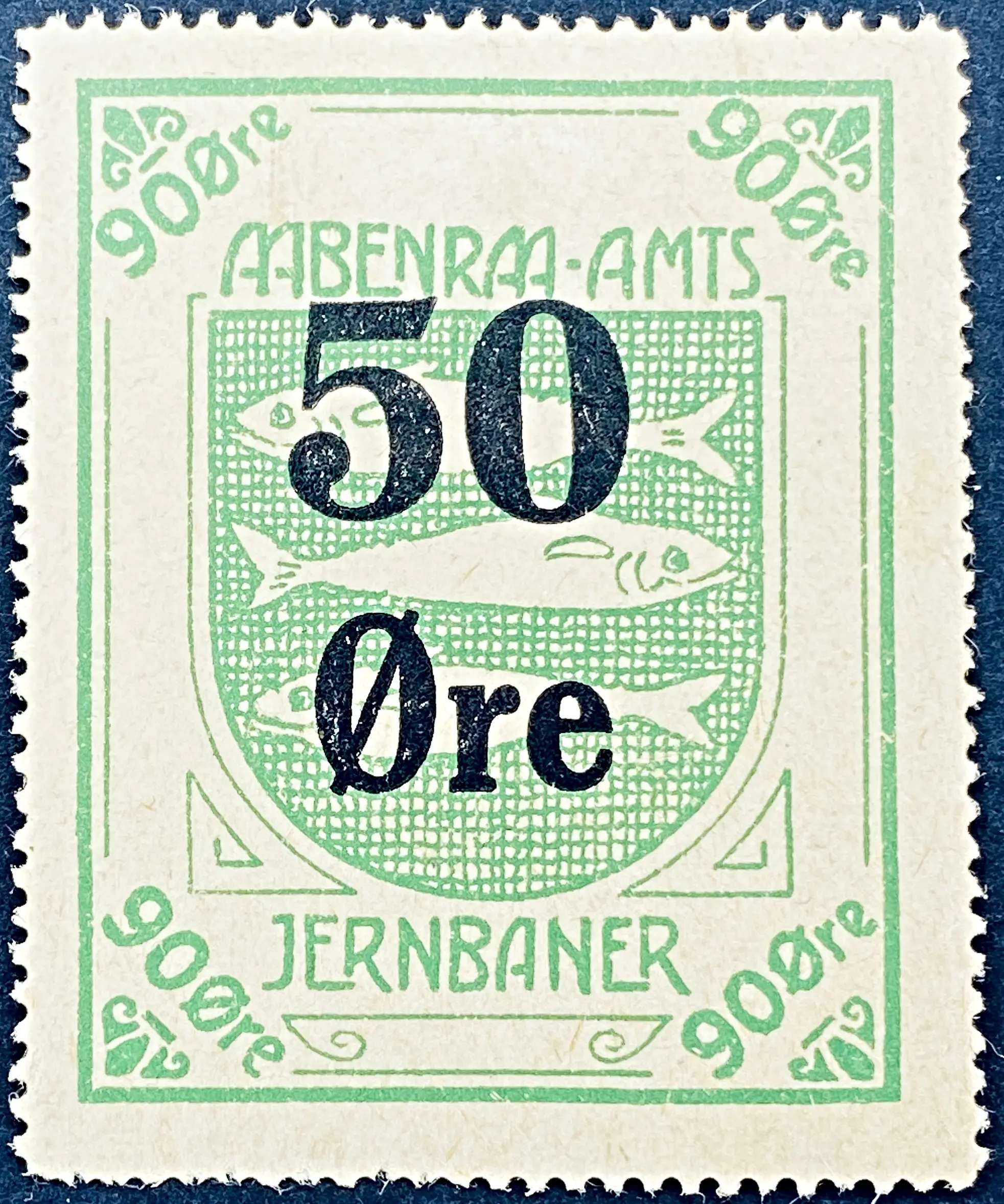 AaAJ 4K - Provisorium (overtryk) 50 Øre sort bogtryk på 90 Øre Motiv: Aabenraa våbenskjold - Grøn.