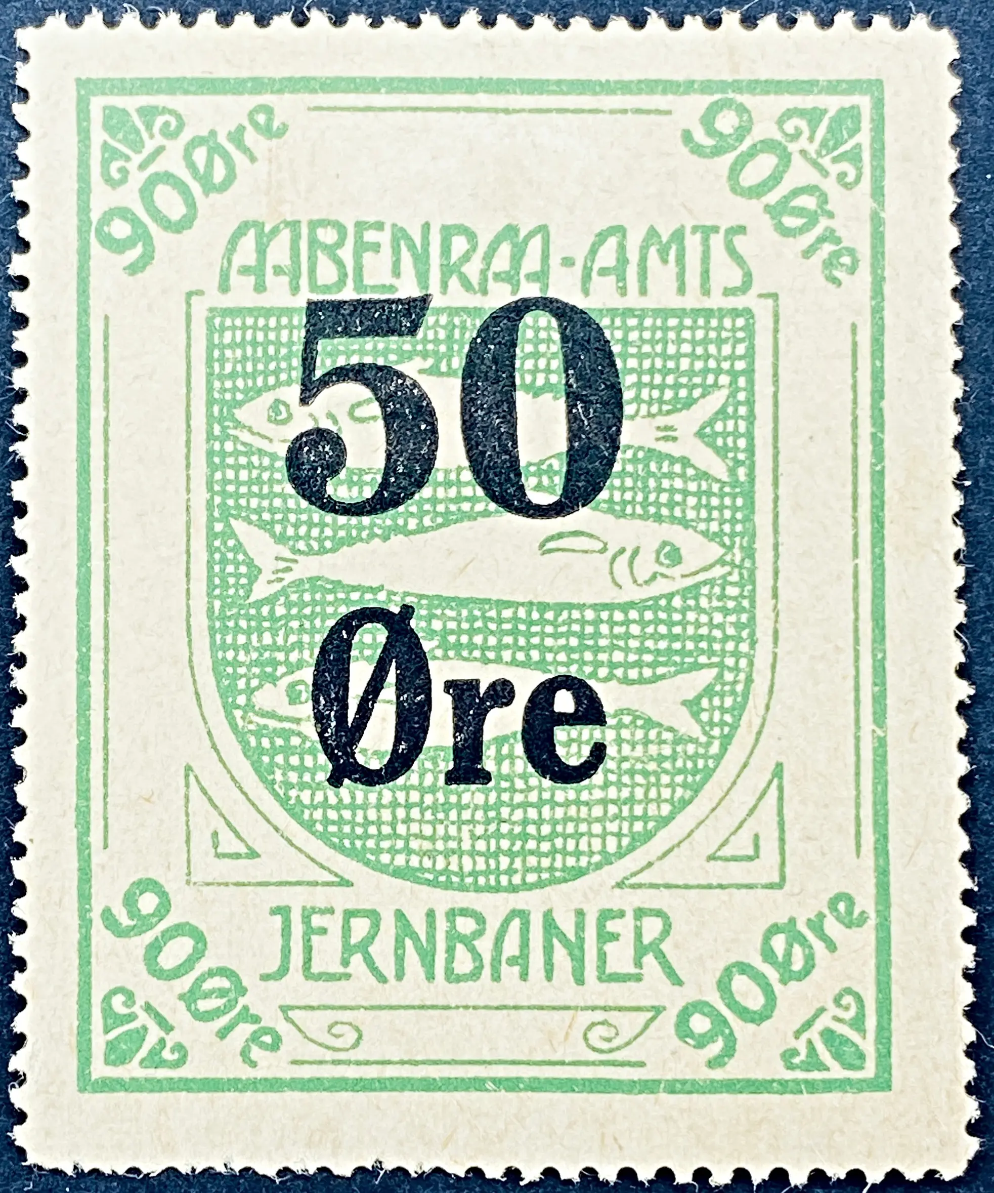 AaAJ 4K - Provisorium (overtryk) 50 Øre sort bogtryk på 90 Øre Motiv: Aabenraa våbenskjold - Grøn. AaAJ 4K - Provisorium (overtryk) 50 Øre sort bogtryk på 90 Øre Motiv: Aabenraa våbenskjold - Grøn.