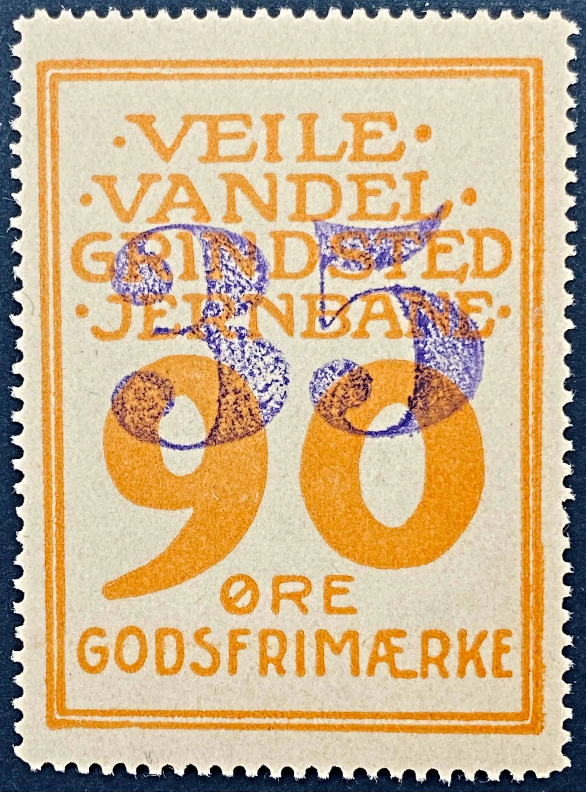 VVGJ 13 - Provisorium (overtryk) 35 Øre violet håndstemplet på 90 Øre - Orange. VVGJ 13 - Provisorium (overtryk) 35 Øre violet håndstemplet på 90 Øre - Orange.