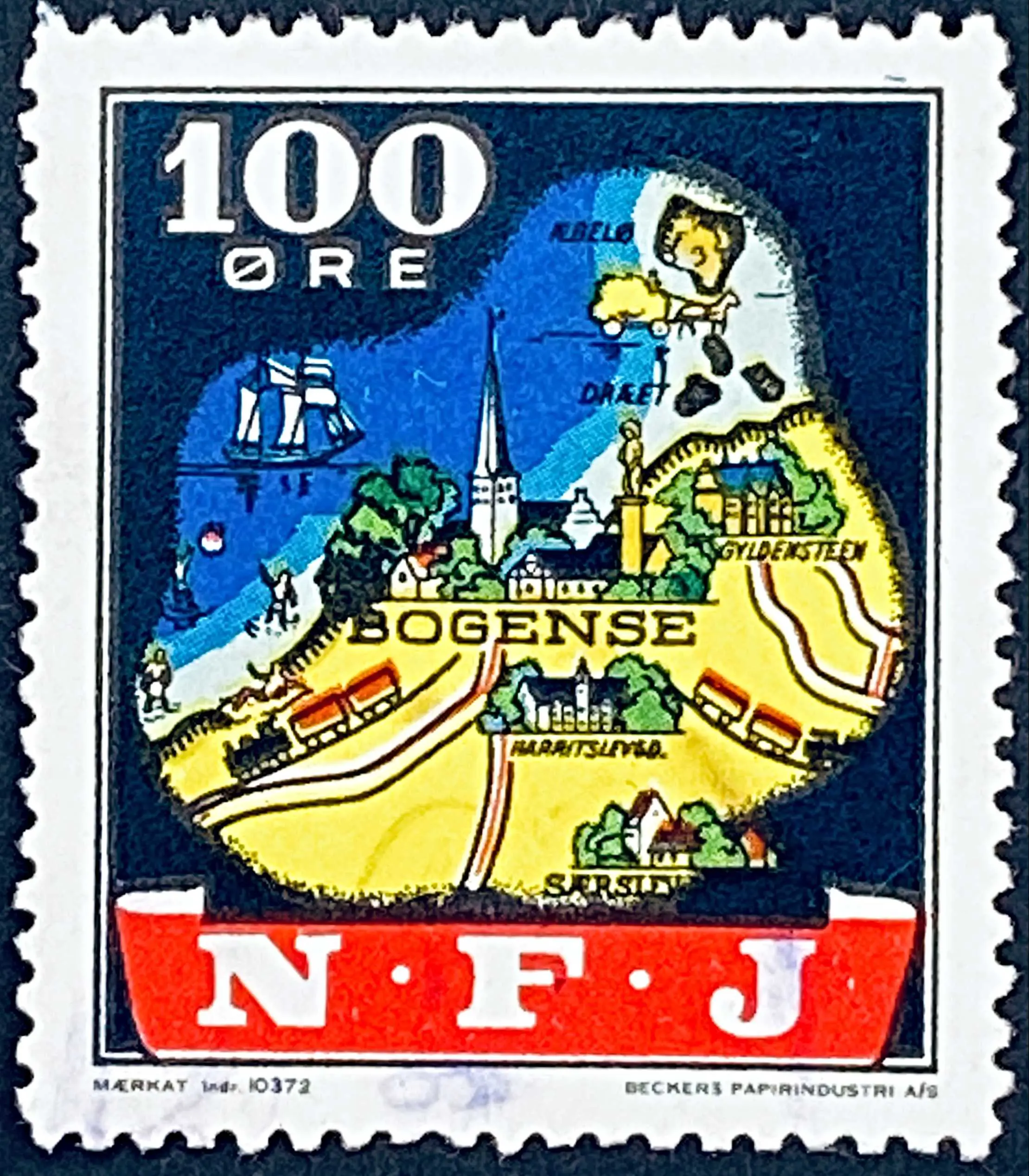 NFJ 42 - 100 Øre Motiv: Kort over Bogense by og omegn - Flerfarvet - trykkeri: Beckers Papirindustri A/S - banemærket er stemplet. NFJ 42 - 100 Øre Motiv: Kort over Bogense by og omegn - Flerfarvet - trykkeri: Beckers Papirindustri A/S - banemærket er stemplet.