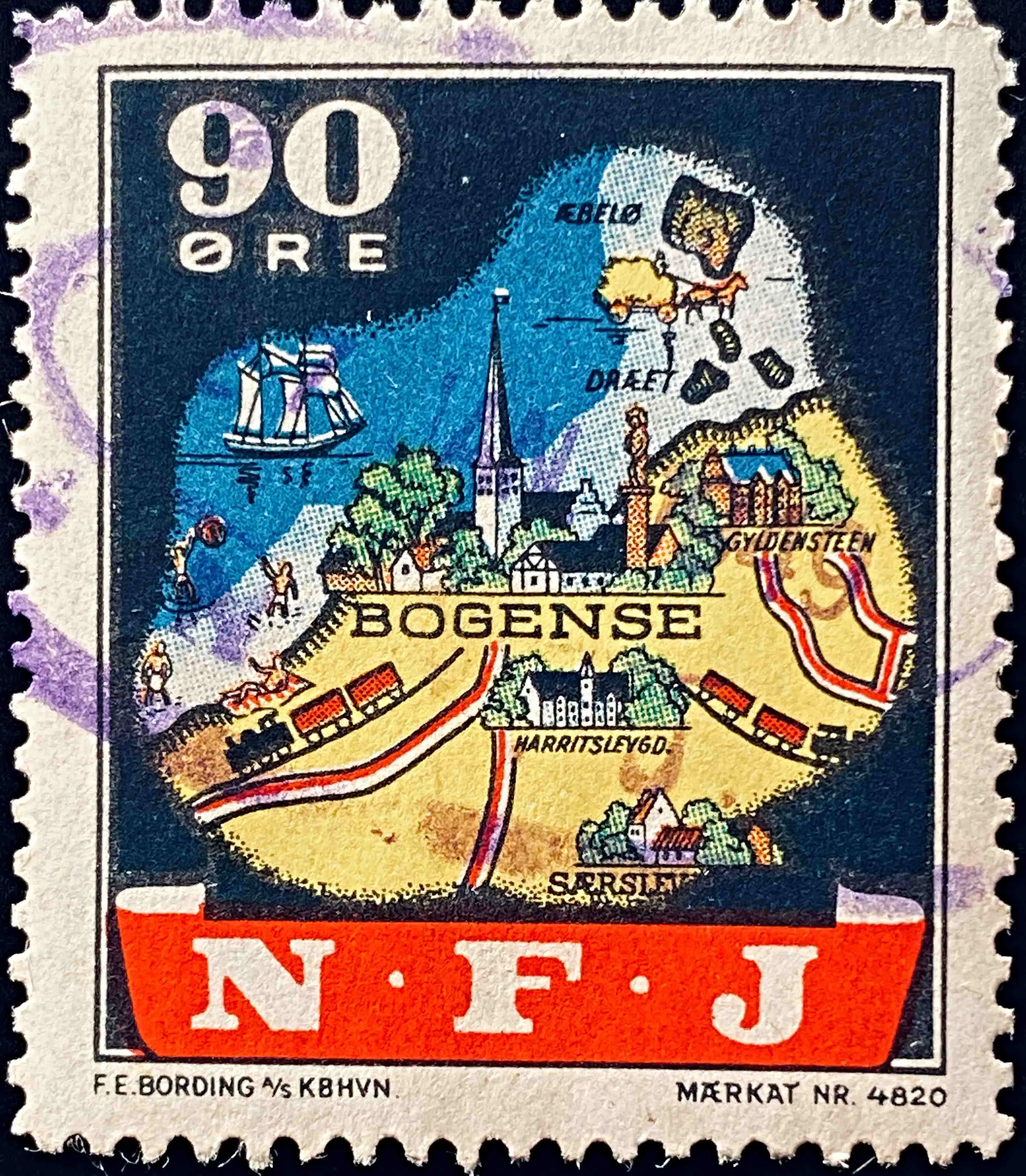 NFJ 34 - 90 Øre Motiv: Kort over Bogense by og omegn - Flerfarvet - trykkeri: F E Bording med mærke nummer: 4820 - banemærket er stemplet. NFJ 34 - 90 Øre Motiv: Kort over Bogense by og omegn - Flerfarvet - trykkeri: F E Bording med mærke nummer: 4820 - banemærket er stemplet.