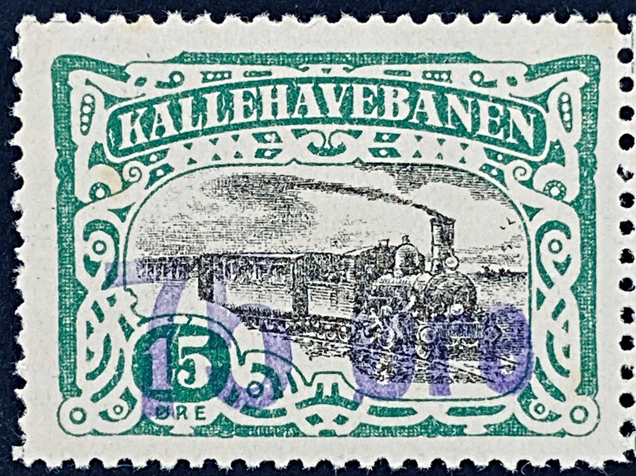 KB 16 - Provisorium (overtryk) 75 Øre violet håndstemplet på 15 Øre - Grøn nuance. KB 16 - Provisorium (overtryk) 75 Øre violet håndstemplet på 15 Øre - Grøn nuance.