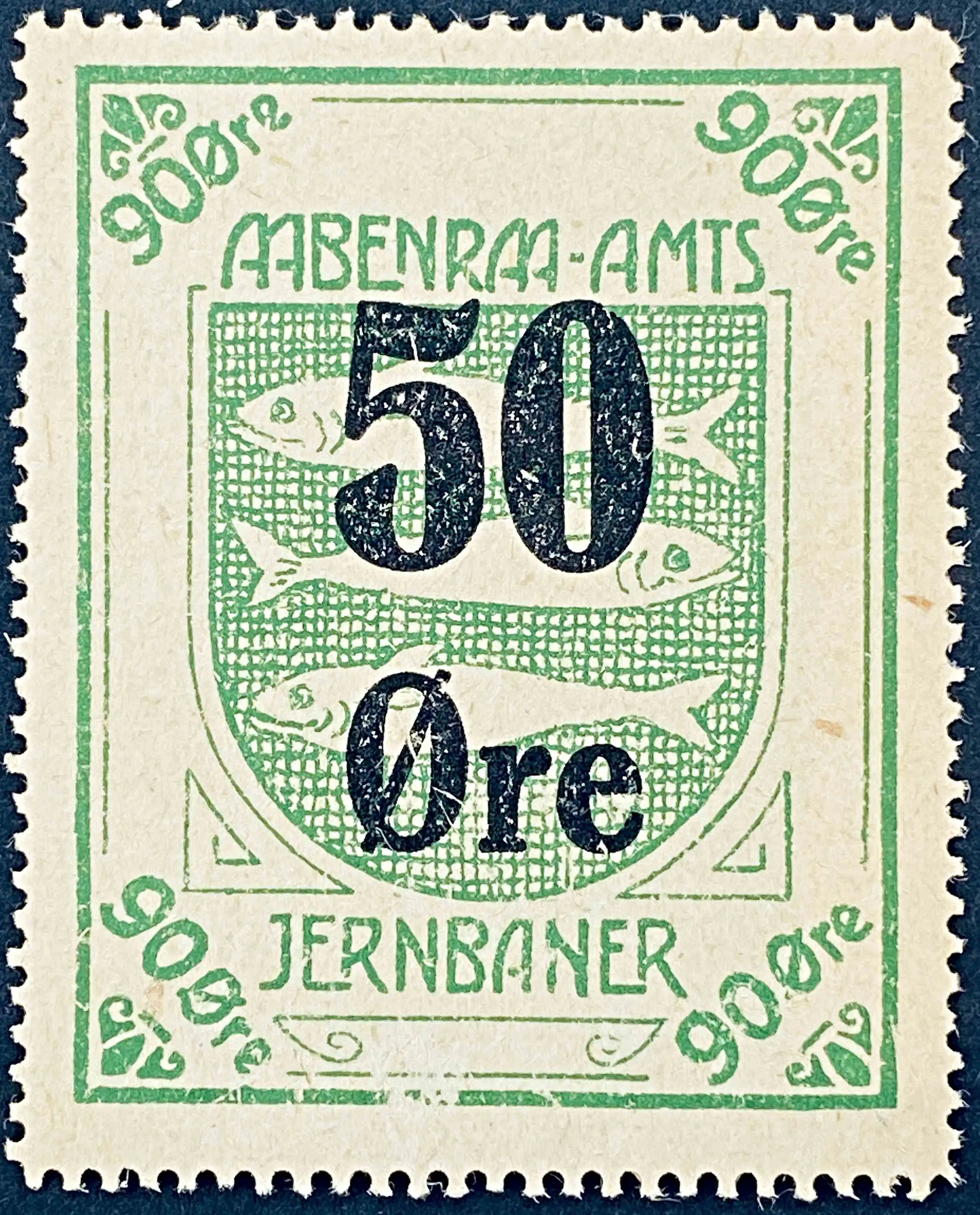 AaAJ 4A - Provisorium (overtryk) 50 Øre sort bogtryk på 90 Øre - Grøn.
