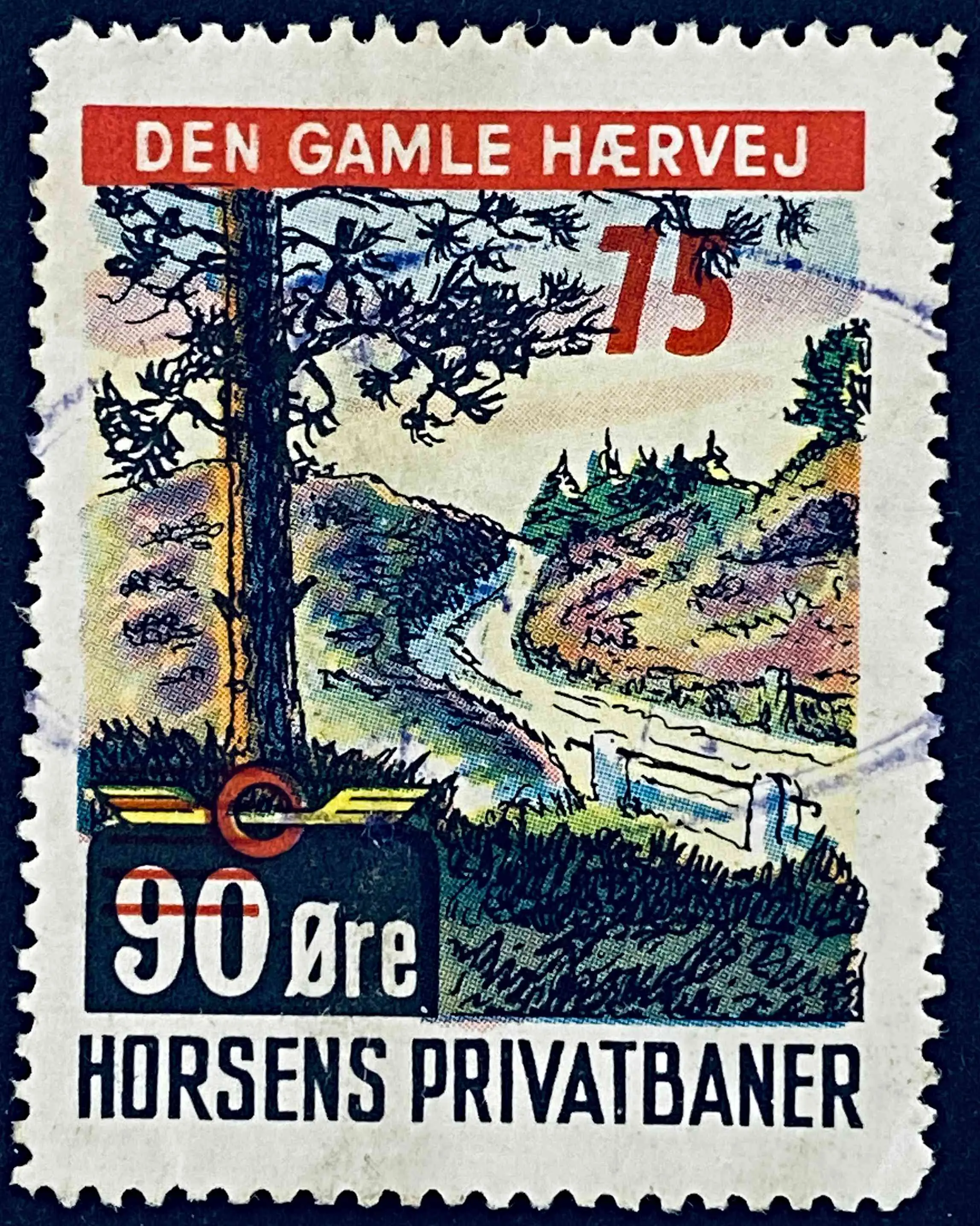 HP 44 - Provisorium (overtryk) 75 Øre rødt bogtryk på 90 Øre - Flerfarvet - banemærket er stemplet. HP 44 - Provisorium (overtryk) 75 Øre rødt bogtryk på 90 Øre - Flerfarvet - banemærket er stemplet.