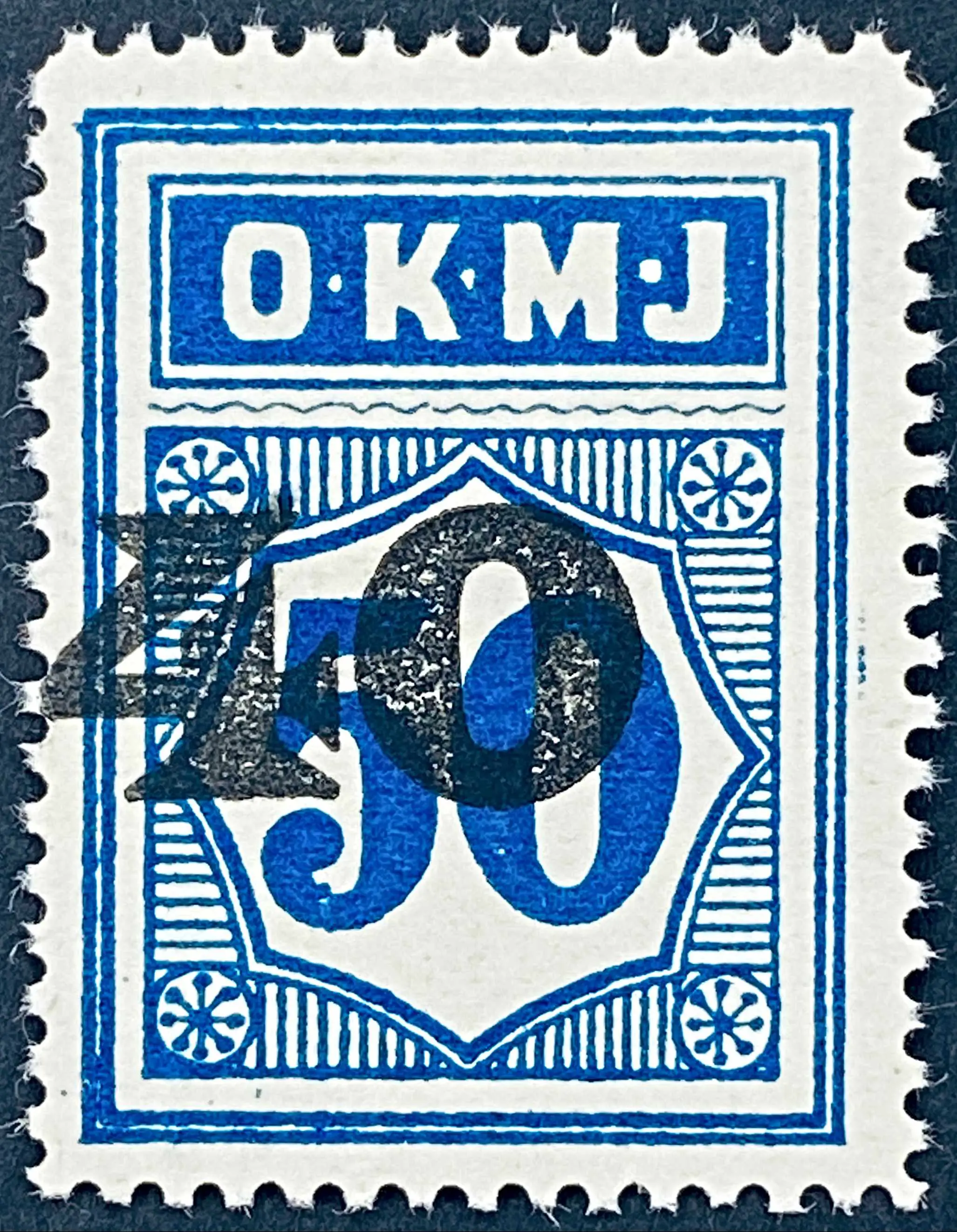 OKMJ 33 - Provisorium (overtryk) 40 Øre sort bogtryk på 50 Øre - Blå.
