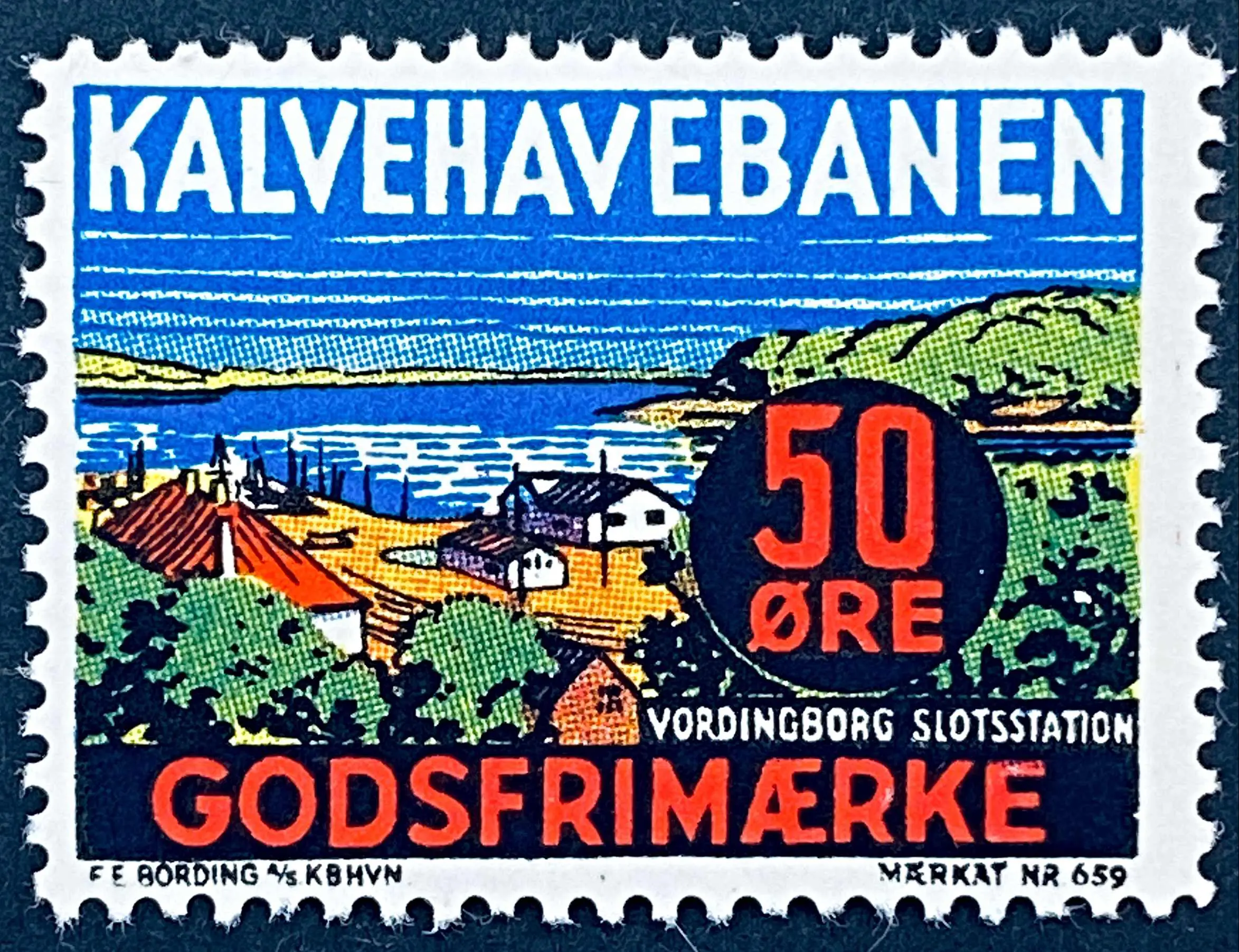 KB 30A - 50 Øre Motiv: Vordingborg Slotsstation - Flerfarvet - trykkeri: F. E. Bording med mærke nummer: 659. KB 30A - 50 Øre Motiv: Vordingborg Slotsstation - Flerfarvet - trykkeri: F. E. Bording med mærke nummer: 659.