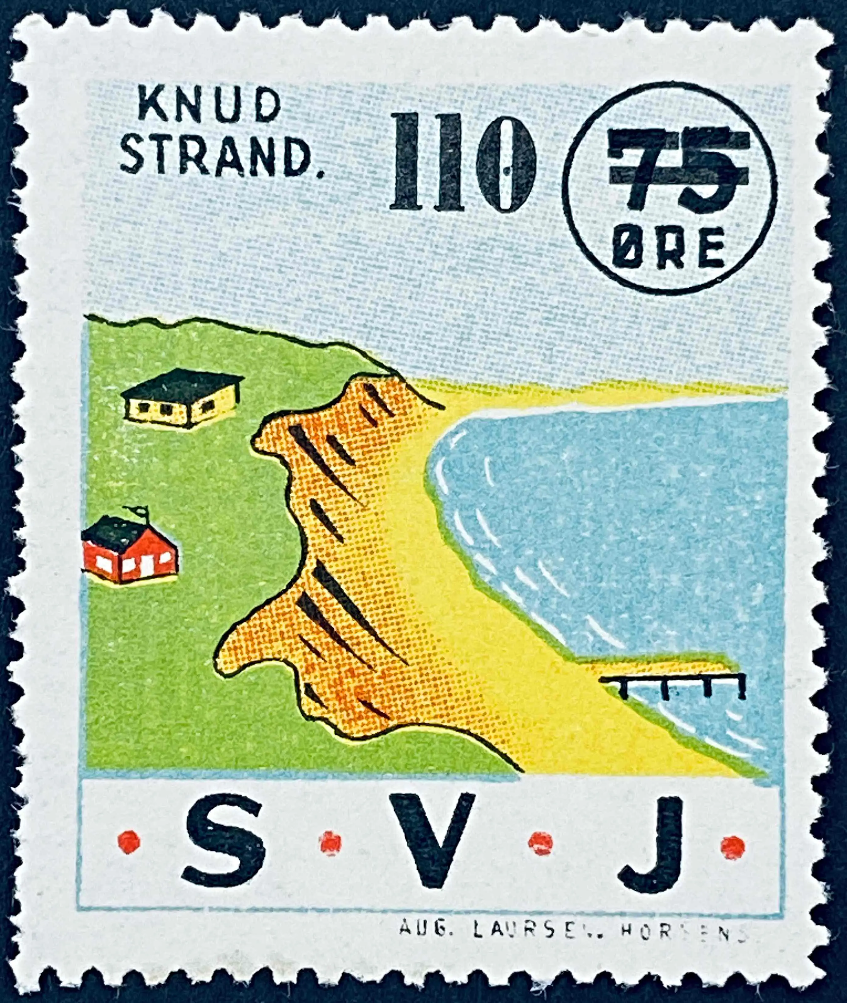 SVJ 23 - Provisorium (overtryk) 110 Øre sort bogtryk på 75 Øre Motiv: Knud Strand - Flerfarvet - trykkeri: Aug. Laursen: Horsens. SVJ 23 - Provisorium (overtryk) 110 Øre sort bogtryk på 75 Øre Motiv: Knud Strand - Flerfarvet - trykkeri: Aug. Laursen: Horsens.
