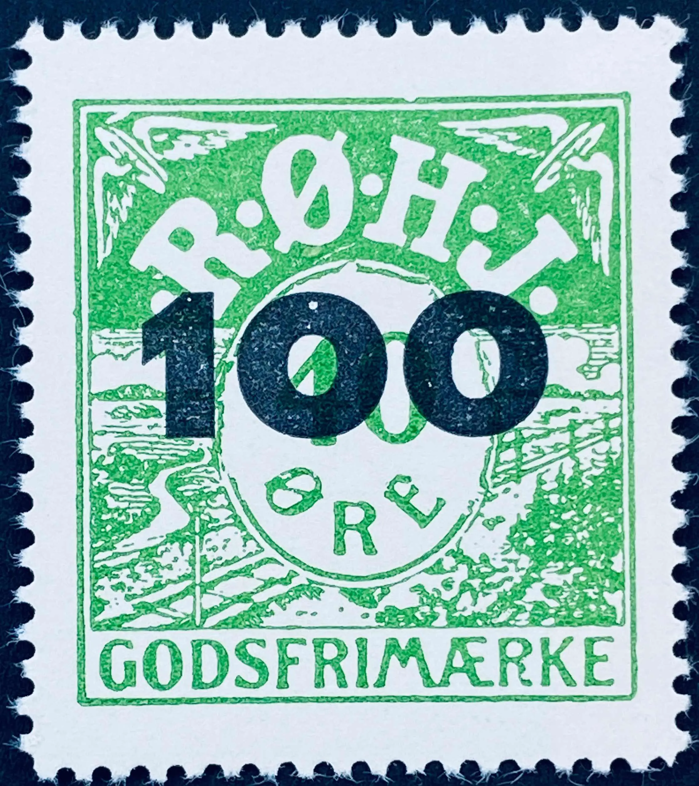 RØHJ 28D - Provisorium (overtryk) 100 øre sort bogtryk på 40 Øre - Grøn nuance. RØHJ 28D - Provisorium (overtryk) 100 øre sort bogtryk på 40 Øre - Grøn nuance.